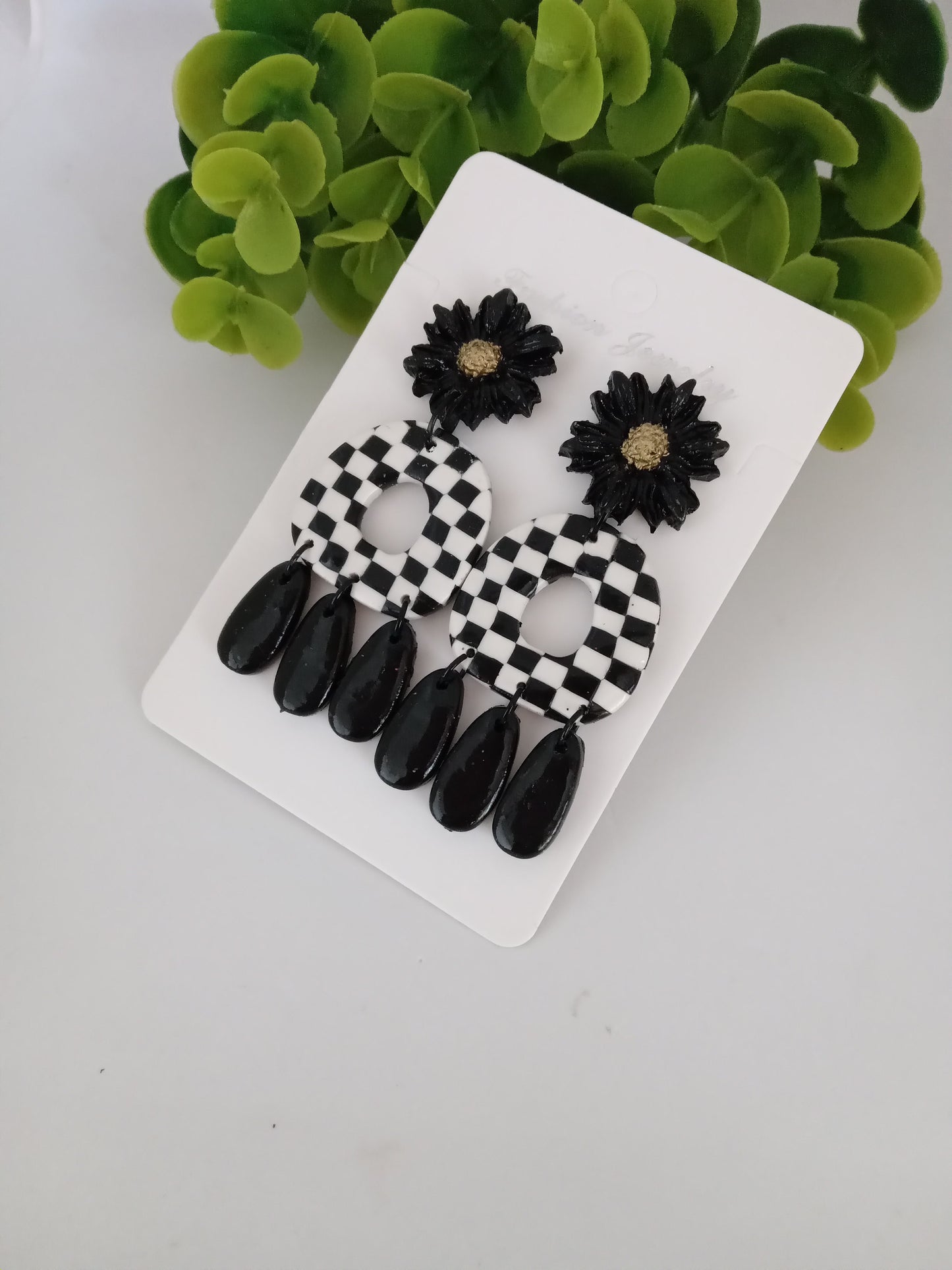 Handmade Polymer Clay Checkerboard Dangle Earrings  - Trendy Boho Jewelry