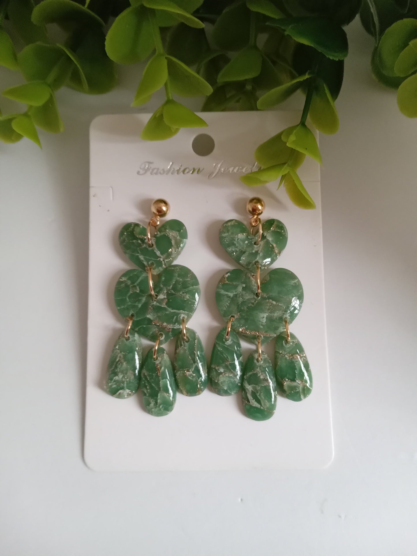 Green Marble Statement Dangle Earrings – Handmade Lightweight Drop Earrings for Women, Elegant Boho Jewelry Gift