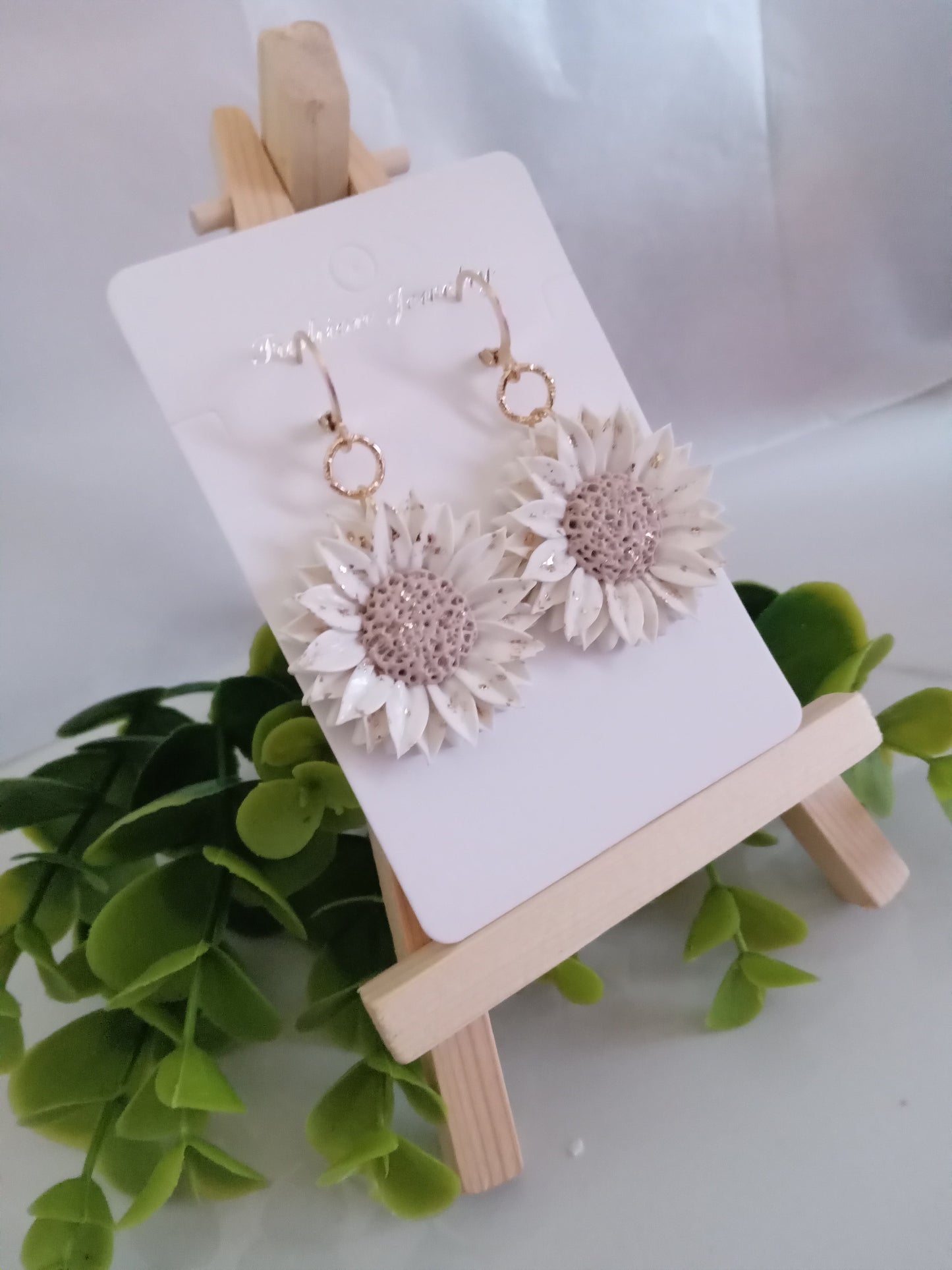 Handmade Sunflower Polymer Clay Earrings – White & Gold Foil Floral Dangle Earrings, Lightweight Statement Jewelry for Women