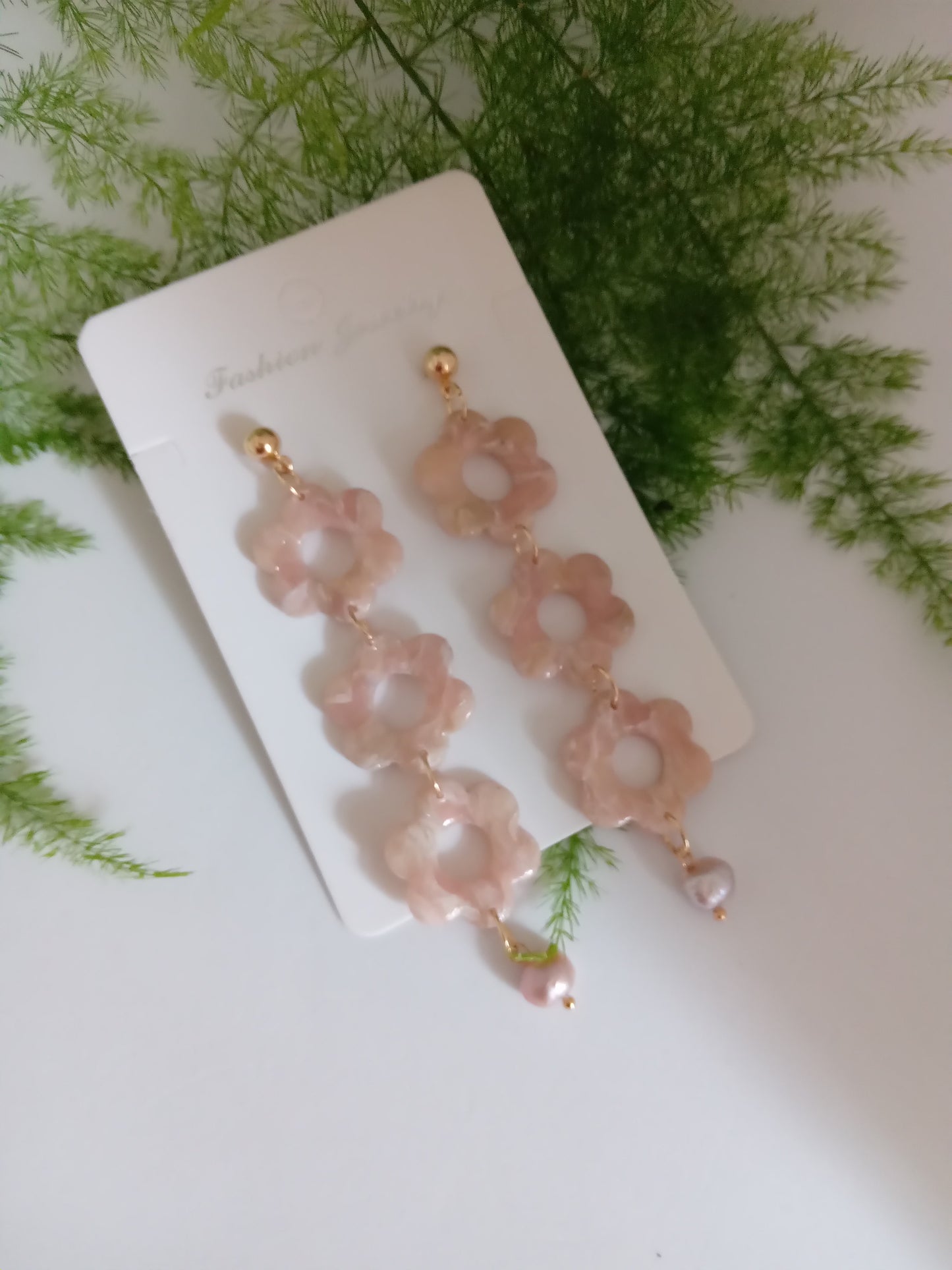 Handmade Pink Flower Earrings with Fresh Water Pearl - Lightweight Floral Dangle Jewelry for Women