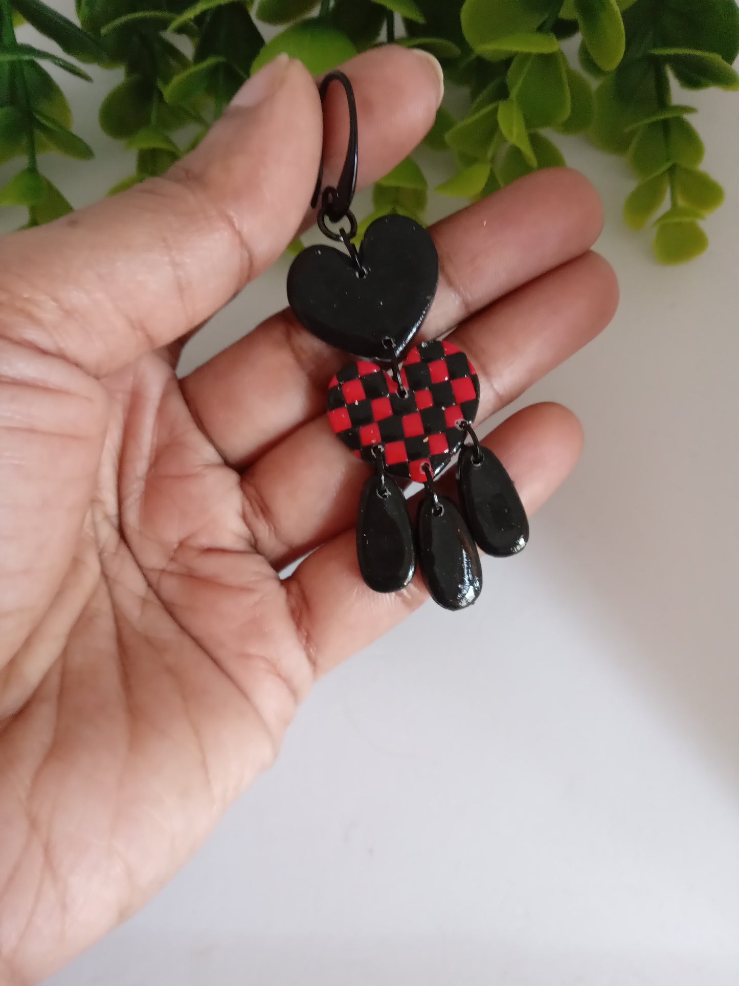 Polymer Clay Earrings Handmade - Bold Red Black Heart Statement Dangles for Her