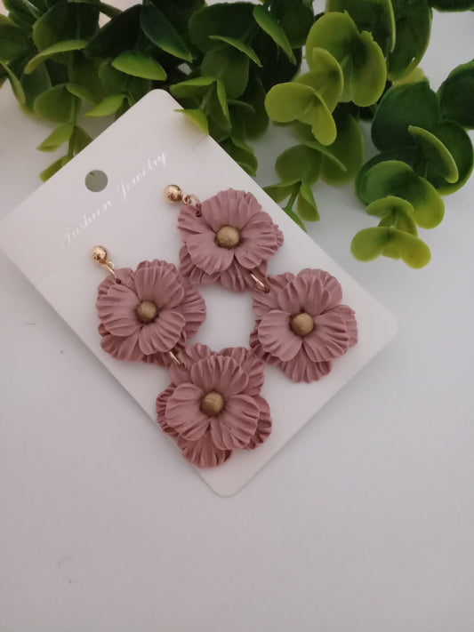 Handmade Dusty Rose Flower Statement Earrings – Lightweight Polymer Clay Floral Jewelry for Women, Elegant Wedding & Everyday Wear