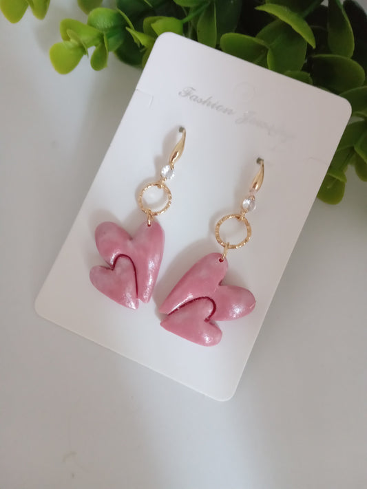 Handmade Pink Heart Polymer Clay Earrings - Lightweight Romantic Dangle Jewelry for Women