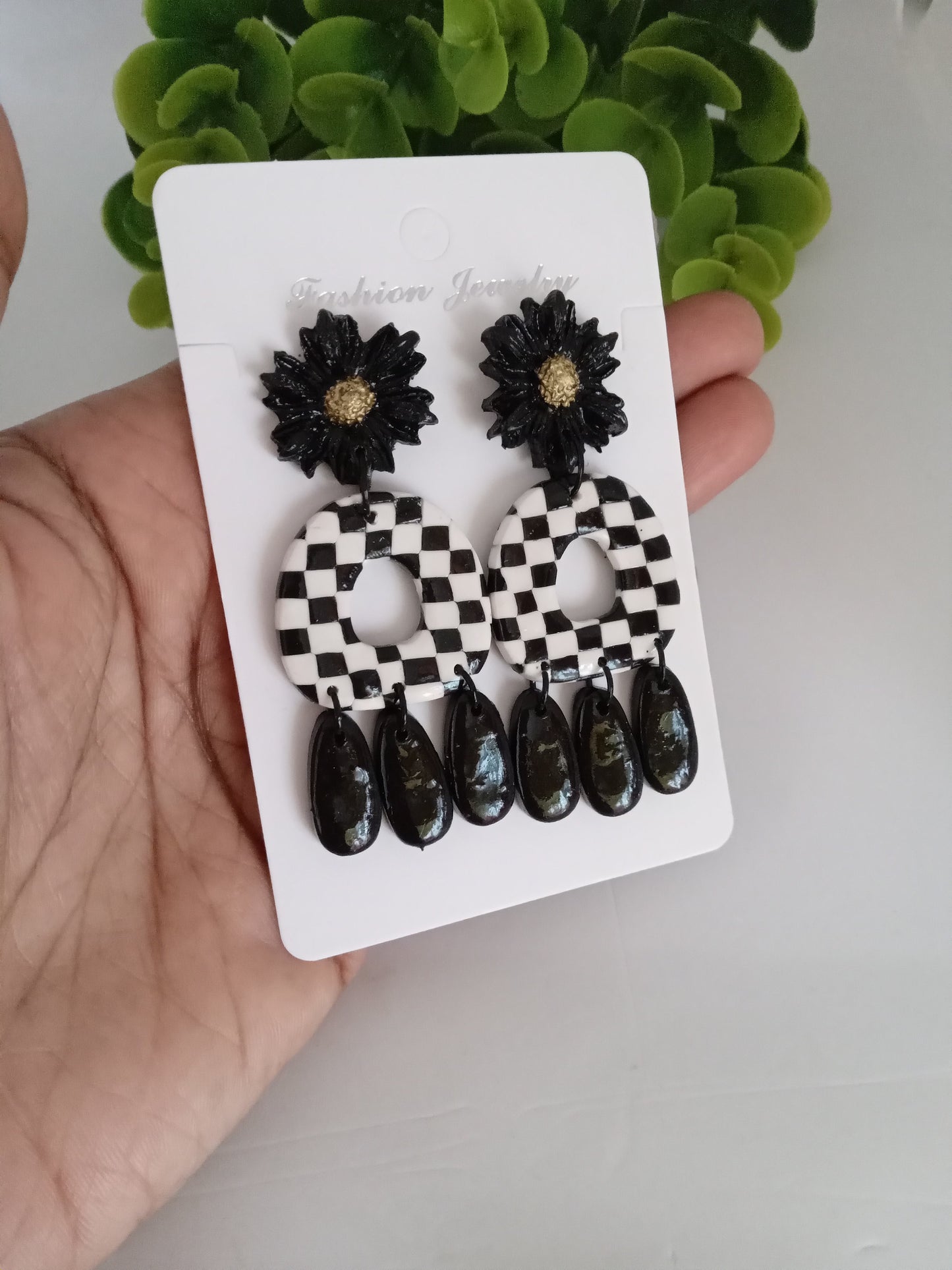 Handmade Polymer Clay Checkerboard Dangle Earrings  - Trendy Boho Jewelry