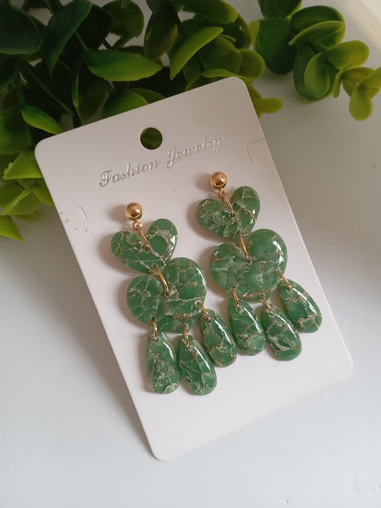 Green Marble Statement Dangle Earrings – Handmade Lightweight Drop Earrings for Women, Elegant Boho Jewelry Gift