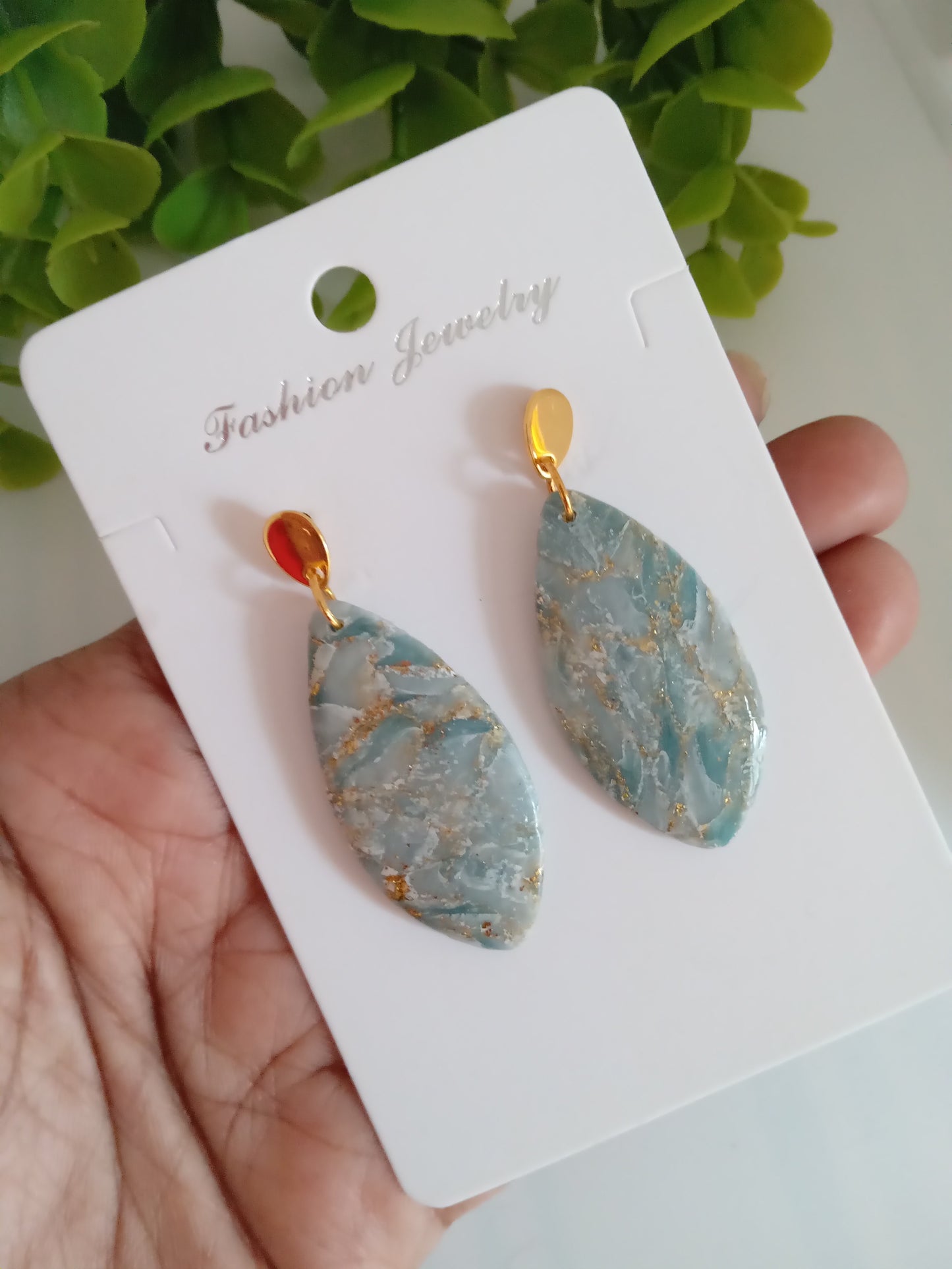 Elegant Blue Marble Drop Earrings with Gold Accents | Lightweight Gift Jewelry