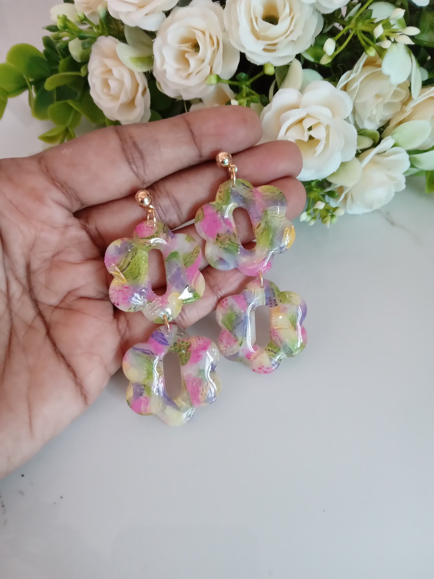 Handmade Clay Earrings- Agate Floral and Modern Geometric Style