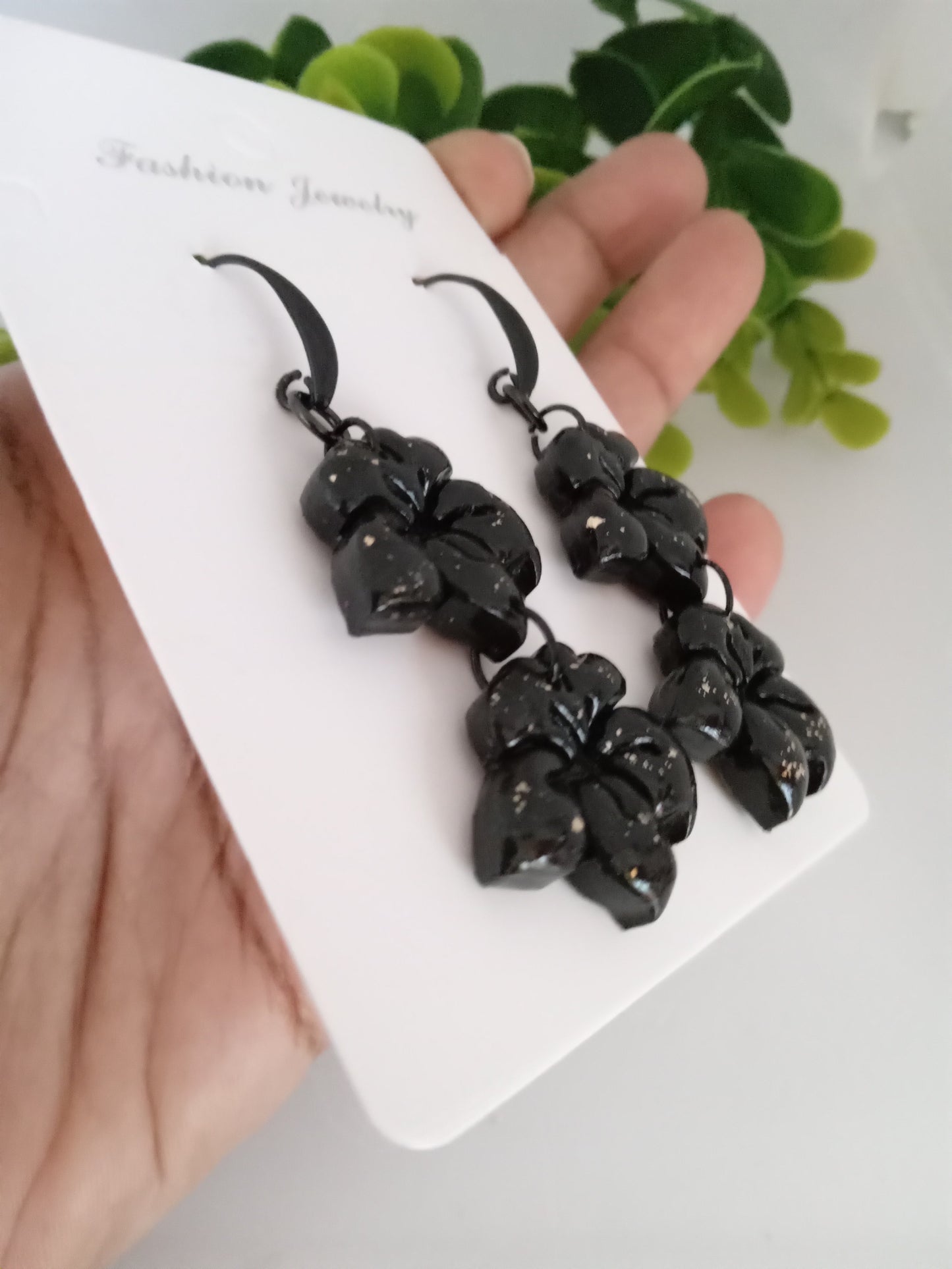 Black Handmade Floral Dangle Earrings – Unique Polymer Clay Flower Earrings Black Friday sale