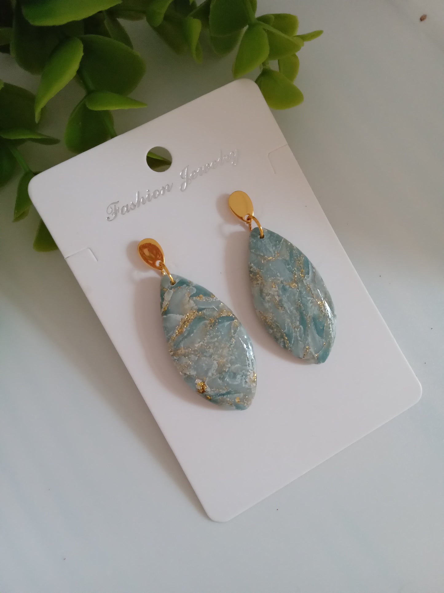Elegant Blue Marble Drop Earrings with Gold Accents | Lightweight Gift Jewelry
