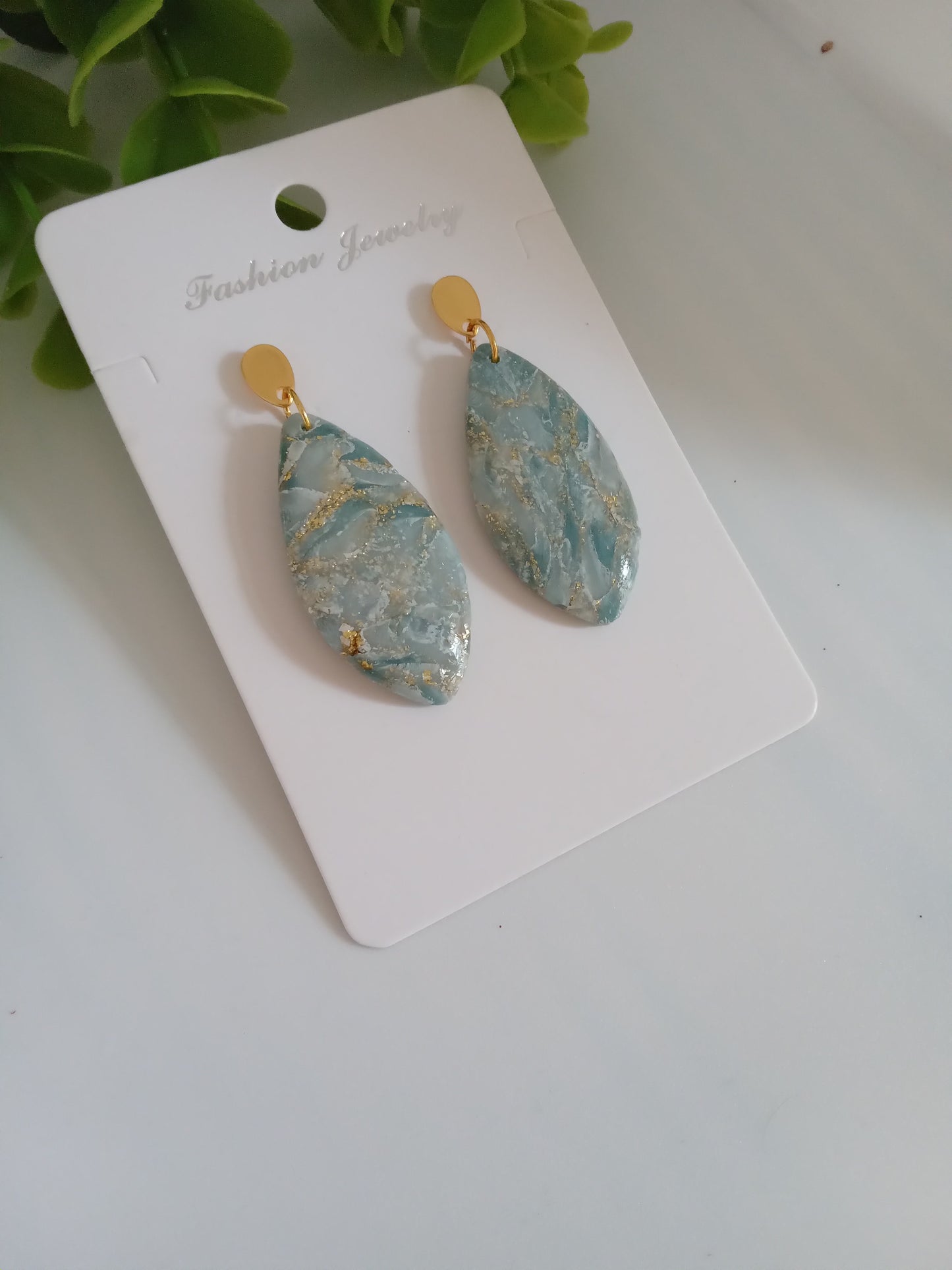 Elegant Blue Marble Drop Earrings with Gold Accents | Lightweight Gift Jewelry
