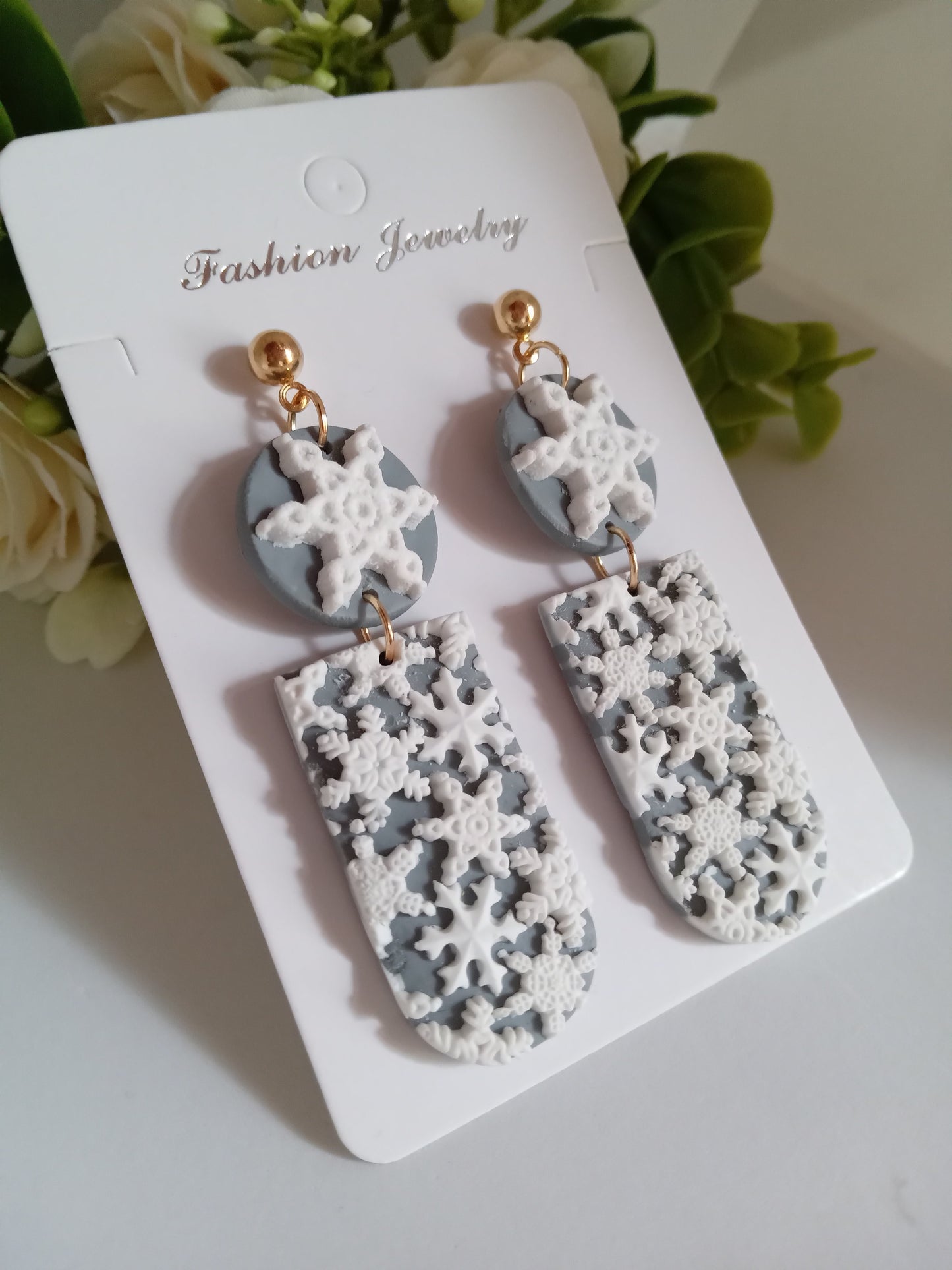 Snowflake Earrings- Winter Polymer Clay Drop Earrings/Handmade Holiday Jewelry