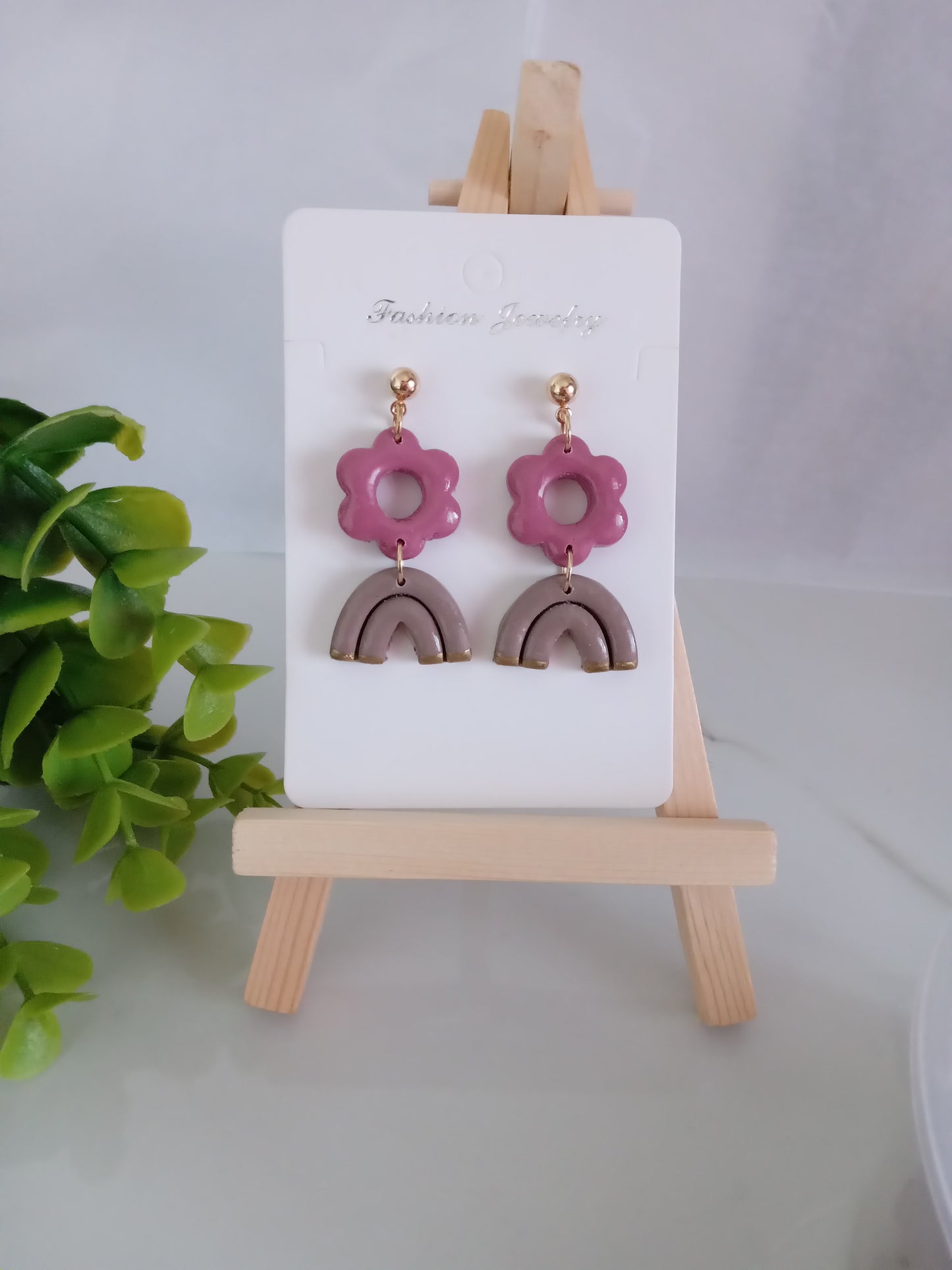 Handmade Floral Dangle Earrings – Unique Polymer Clay Flower Earrings, Brown & P