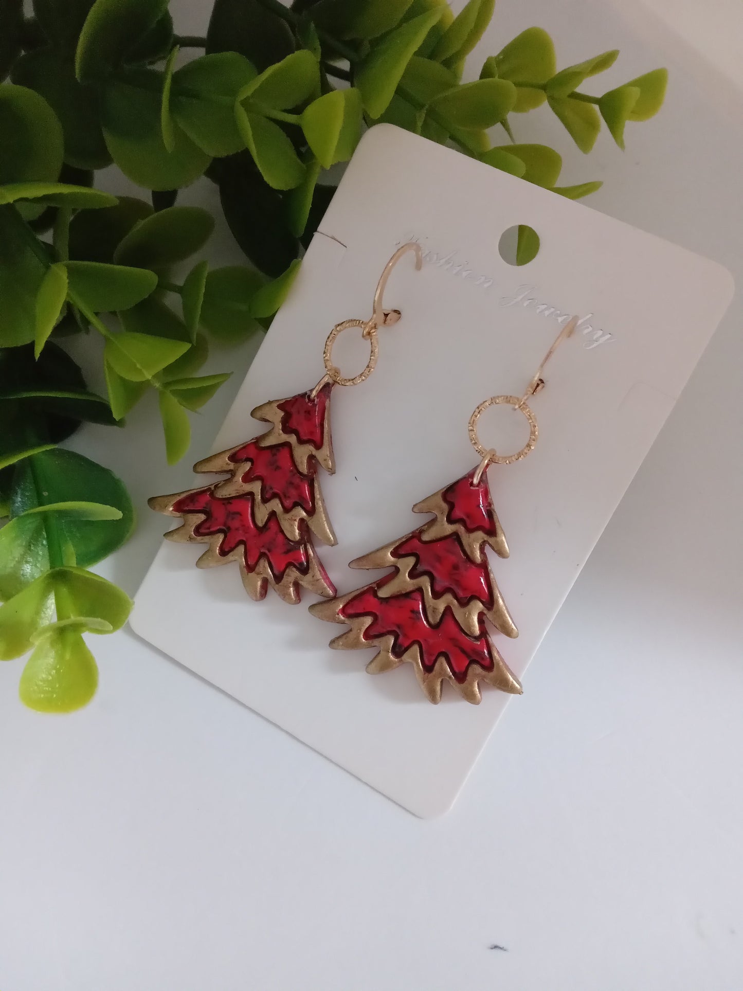 Bold Christmas Tree Earrings with Gold Foil- Handmade Holiday Jewelry for Women