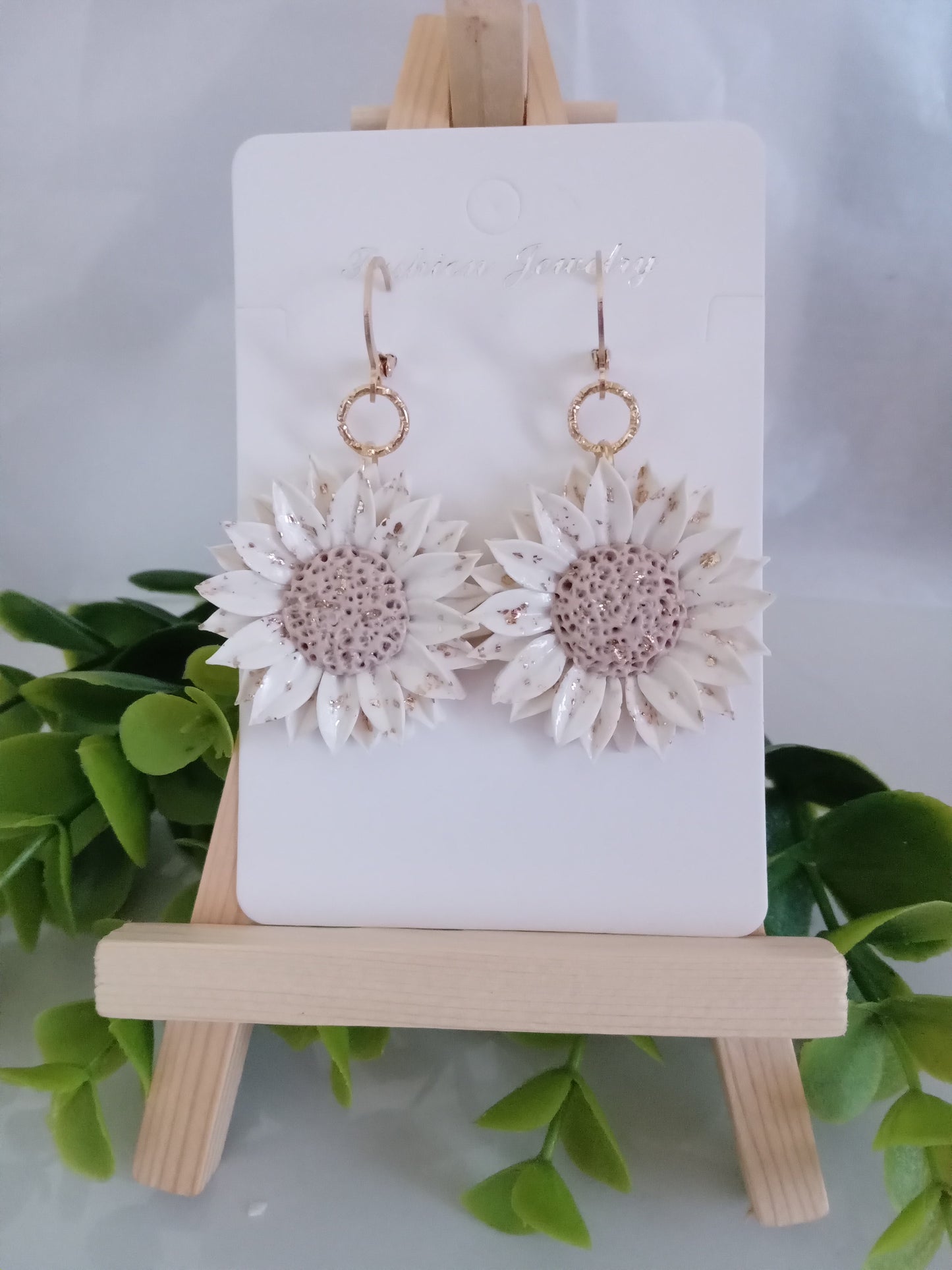 Handmade Sunflower Polymer Clay Earrings – White & Gold Foil Floral Dangle Earrings, Lightweight Statement Jewelry for Women