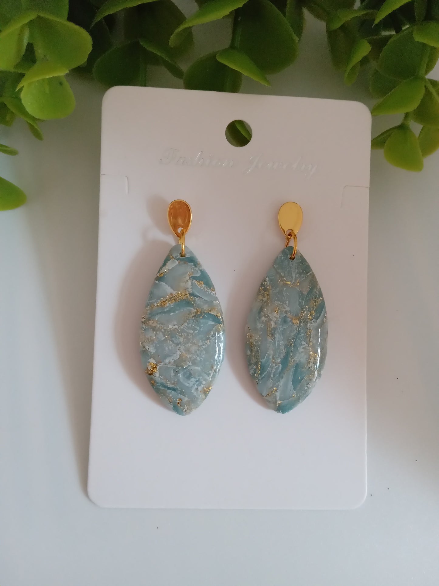 Elegant Blue Marble Drop Earrings with Gold Accents | Lightweight Gift Jewelry