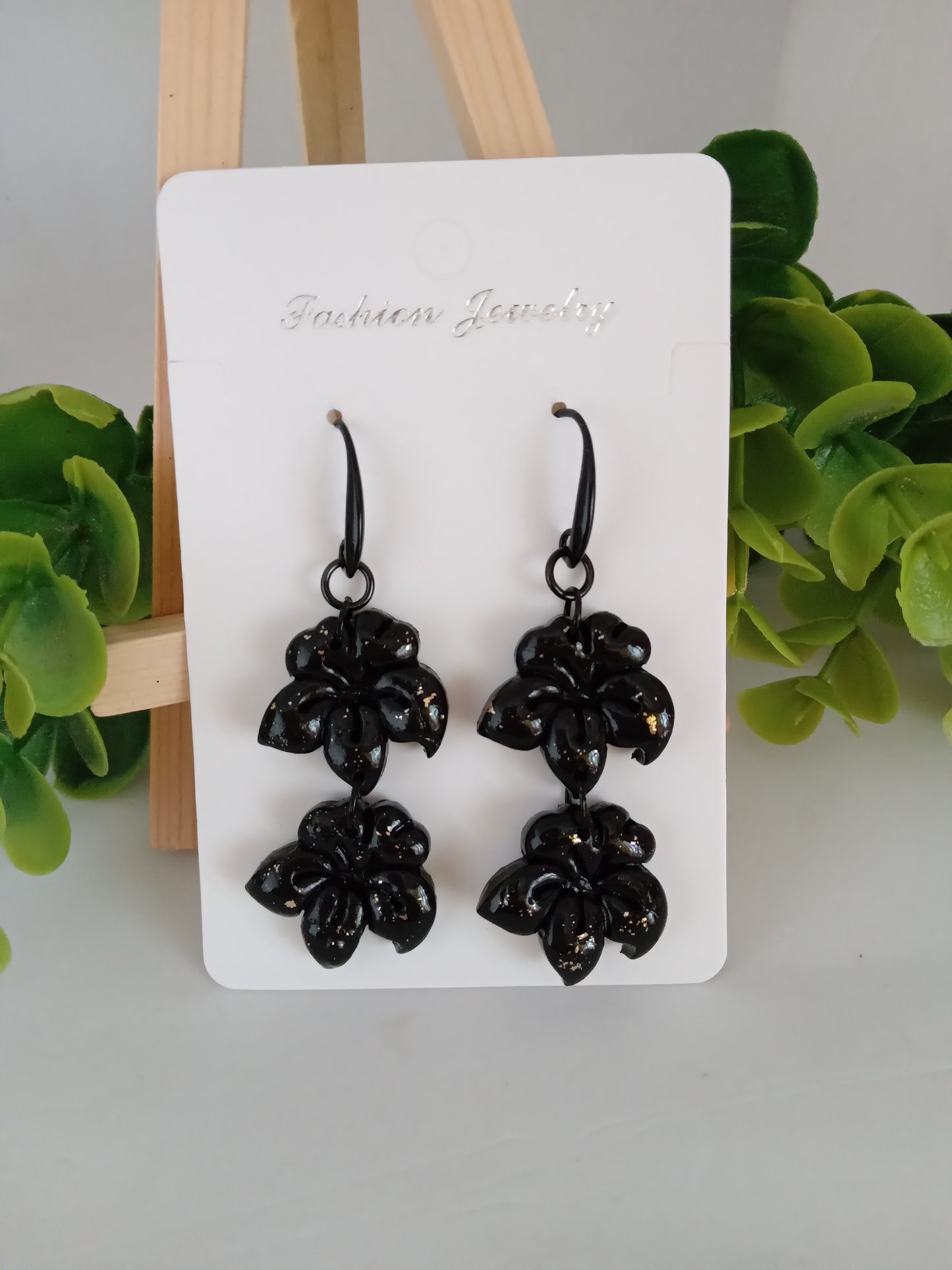 Black Handmade Floral Dangle Earrings – Unique Polymer Clay Flower Earrings Black Friday sale