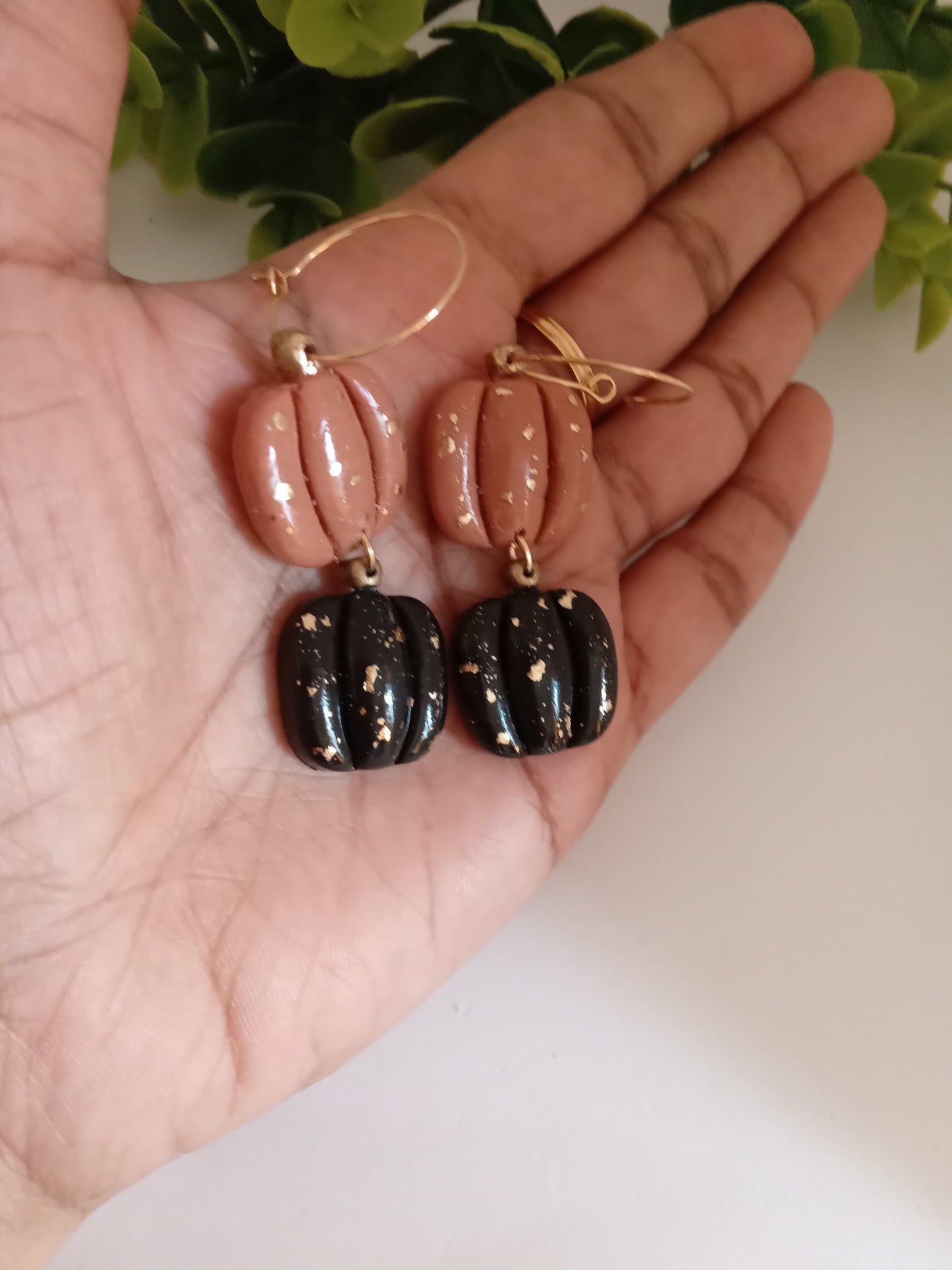 Handmade Pumpkin Earrings – Halloween Polymer Clay Dangle Earrings with Gold Foil | Black & Brown Fall Jewelry