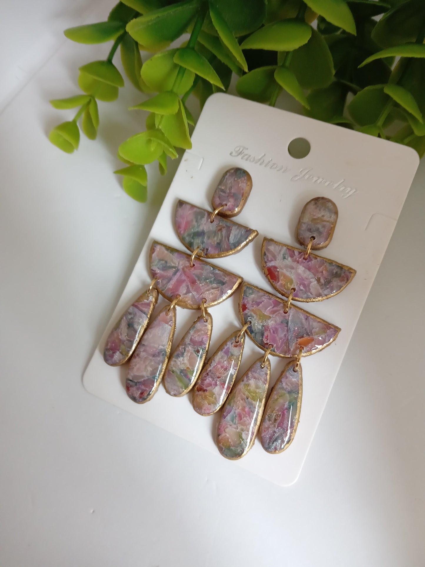 Handmade Statement Dangle Earrings – Colorful Marble Floral Resin, Lightweight Drop Earrings with Gold Trim