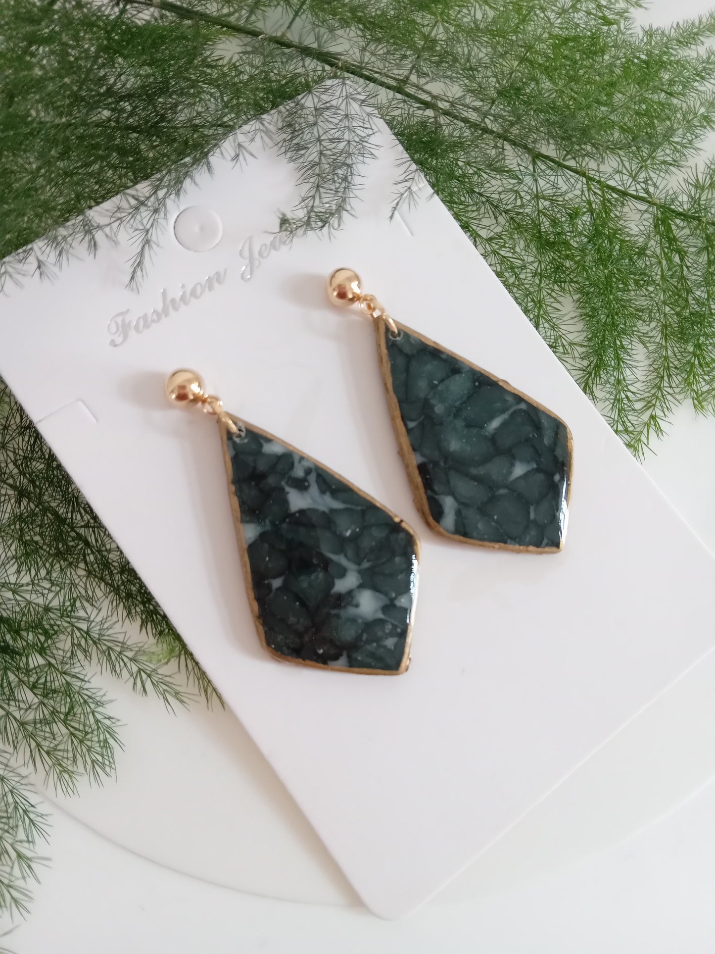 Handmade Dark Green Stone Diamond Drops Earrings - Lightweight Statement Earrings