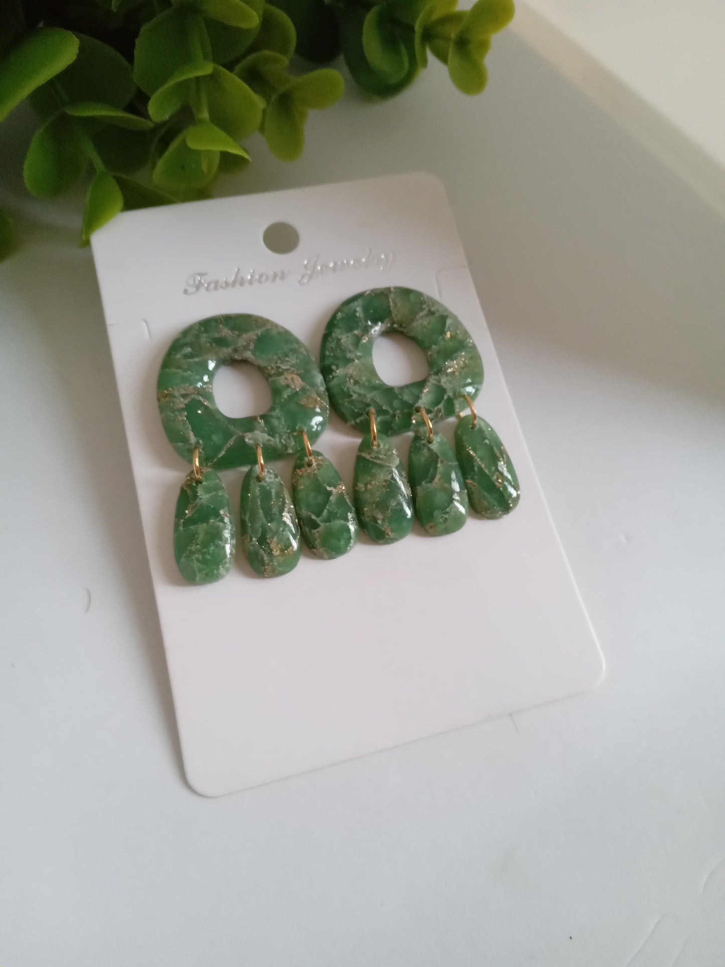 Green Marble Statement Dangle Earrings – Handmade Lightweight Drop Earrings for Women, Elegant Boho Jewelry Gift