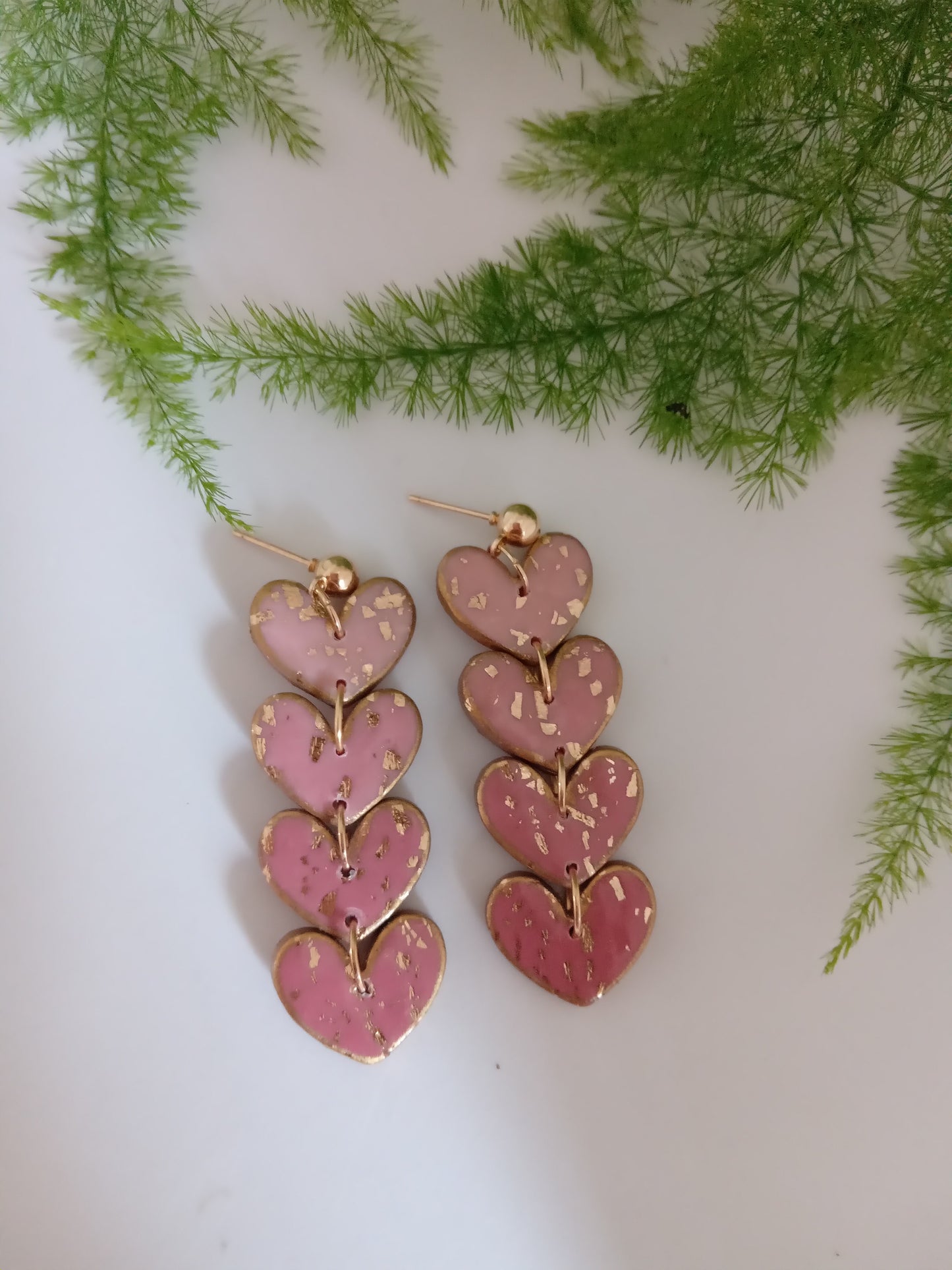 Handmade Pink Heart Drop Earrings with Gold Leaf- Romantic Statement Jewelry for Women
