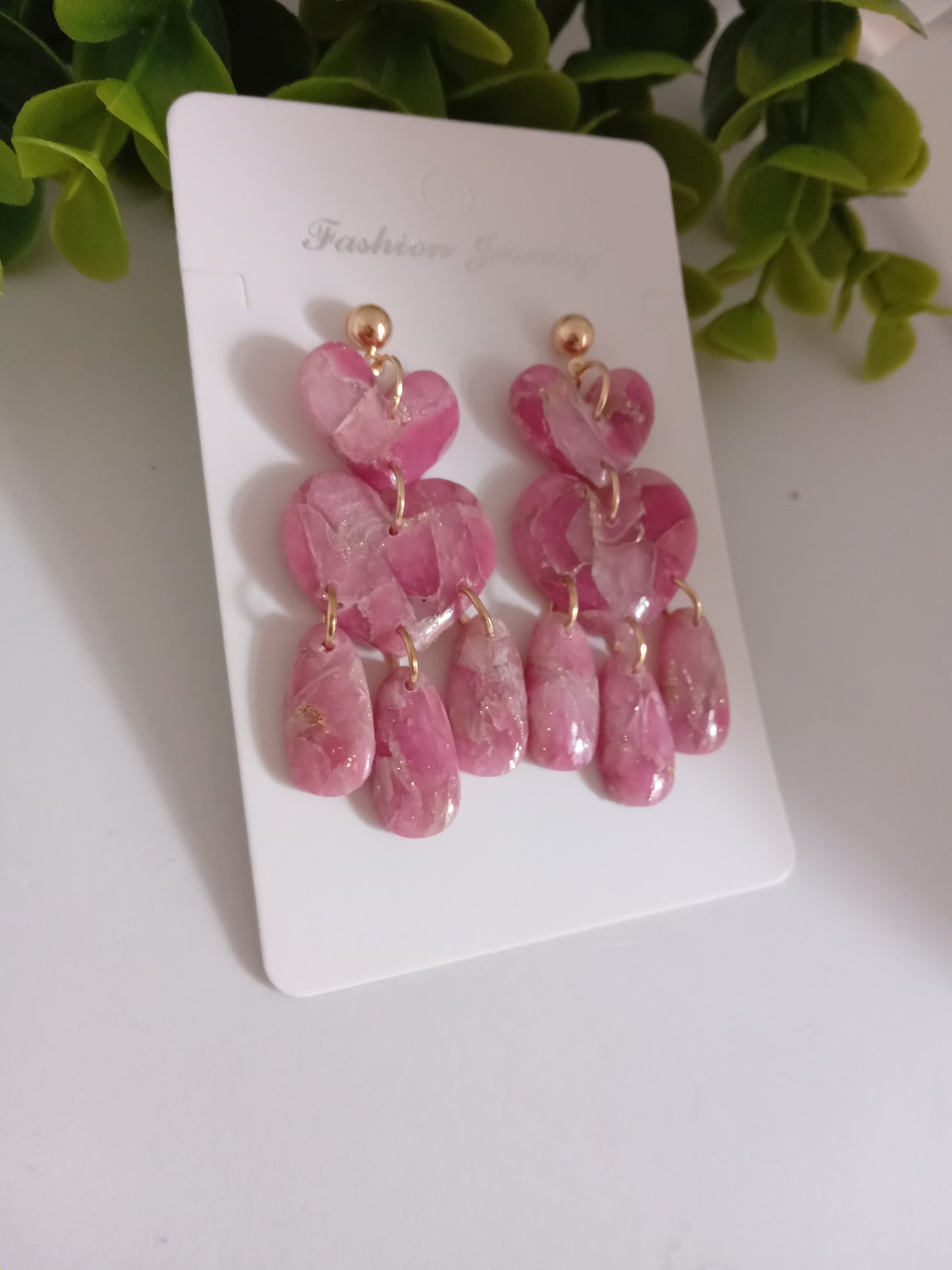 Pink Marble Heart Dangle Earrings  - Lightweight Clay Statement Jewelry
