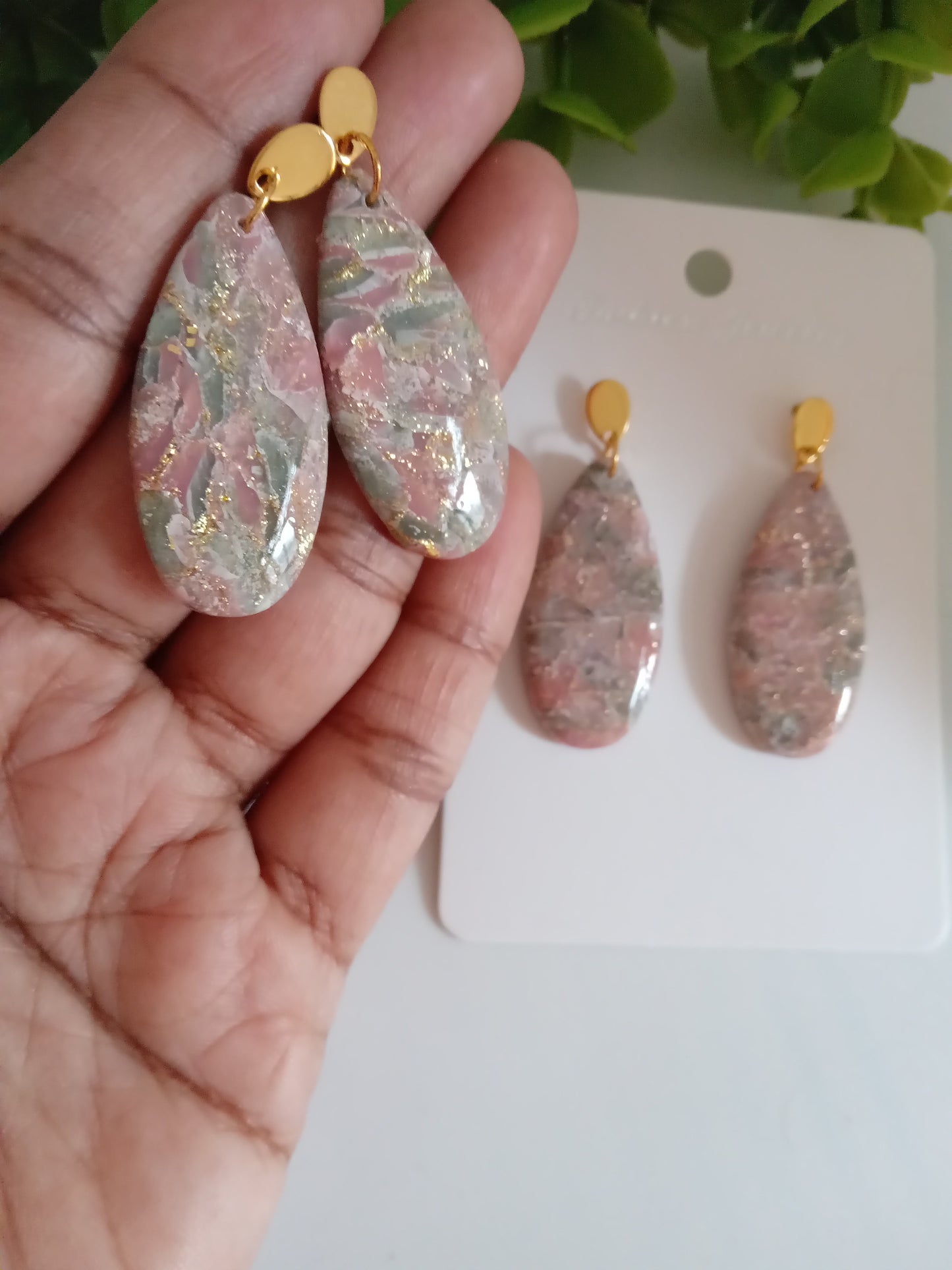 Handmade Faux Agate Teardrop Dangle Earrings – Lightweight Translucent Clay Statement Dangles