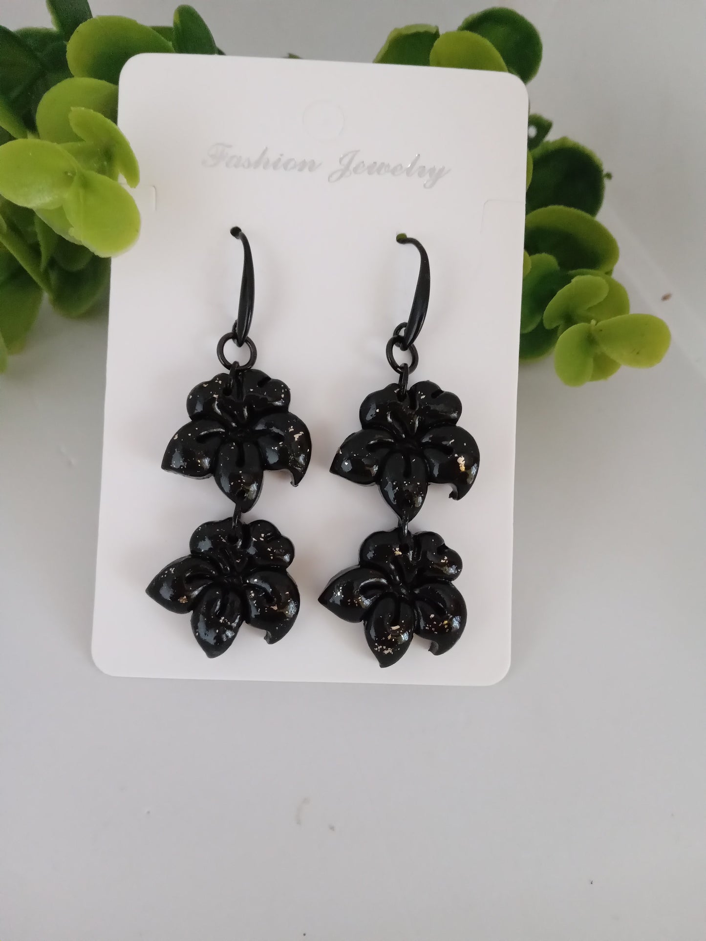 Black Handmade Floral Dangle Earrings – Unique Polymer Clay Flower Earrings Black Friday sale
