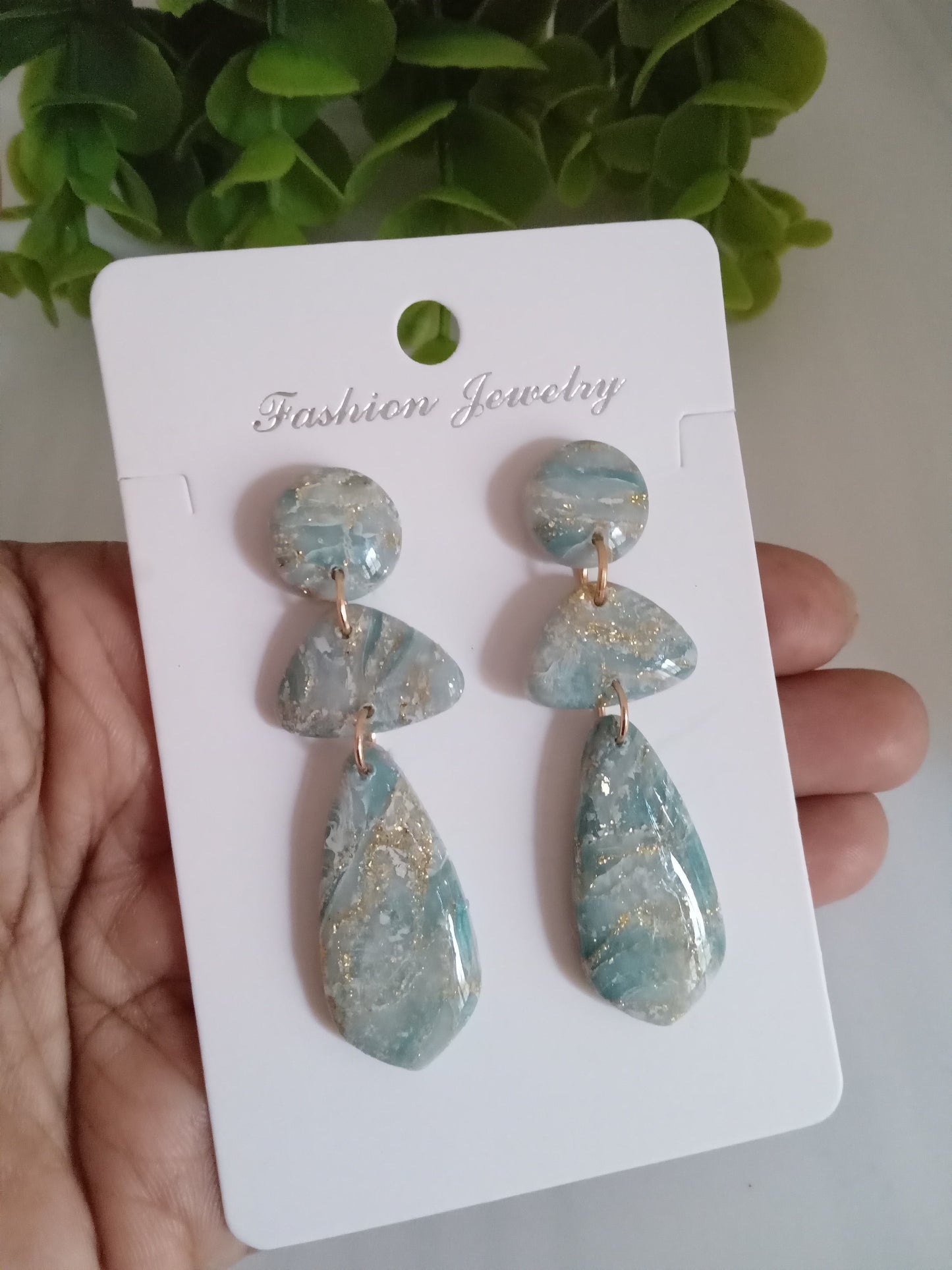 Elegant Blue Marble Drop Earrings with Gold Accents | Lightweight Gift Jewelry