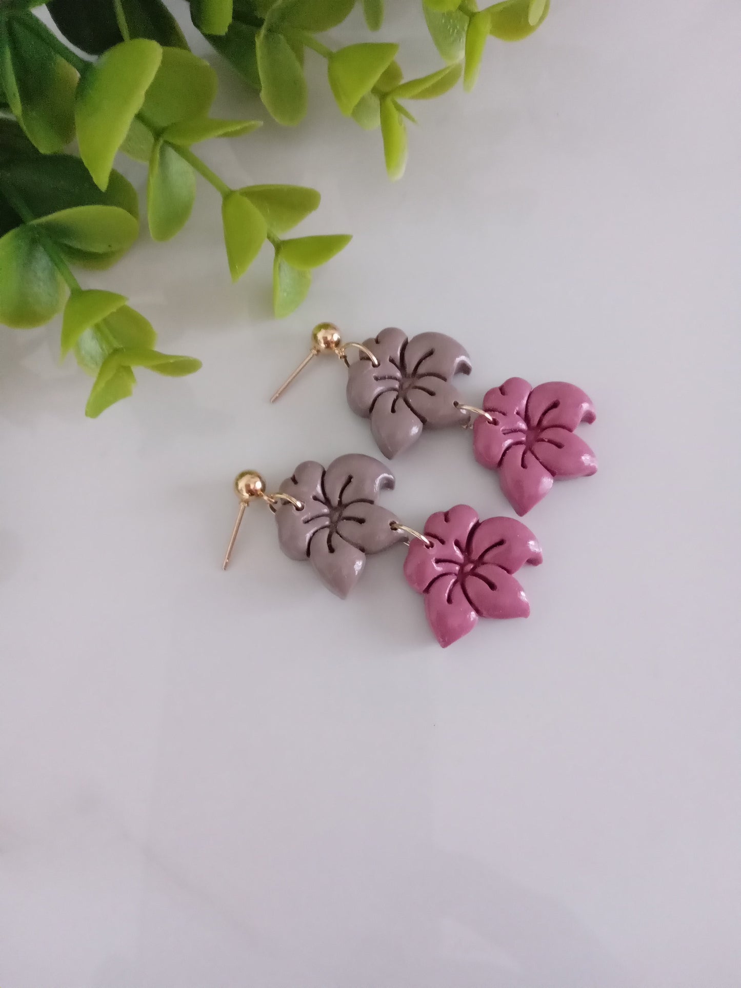 Handmade Floral Dangle Earrings – Unique Polymer Clay Flower Earrings, Brown & Purple, Lightweight Statement Jewelry