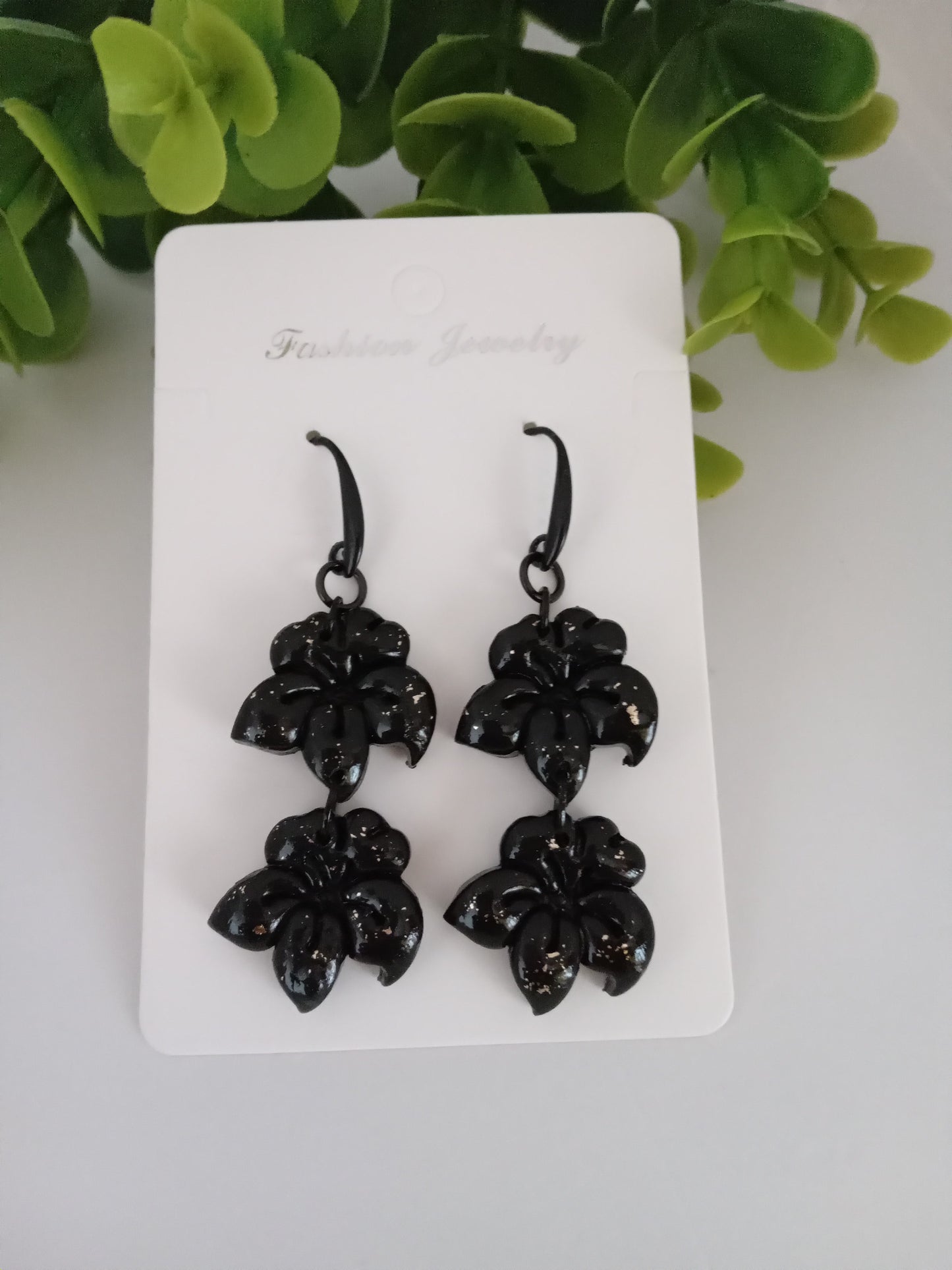 Black Handmade Floral Dangle Earrings – Unique Polymer Clay Flower Earrings Black Friday sale