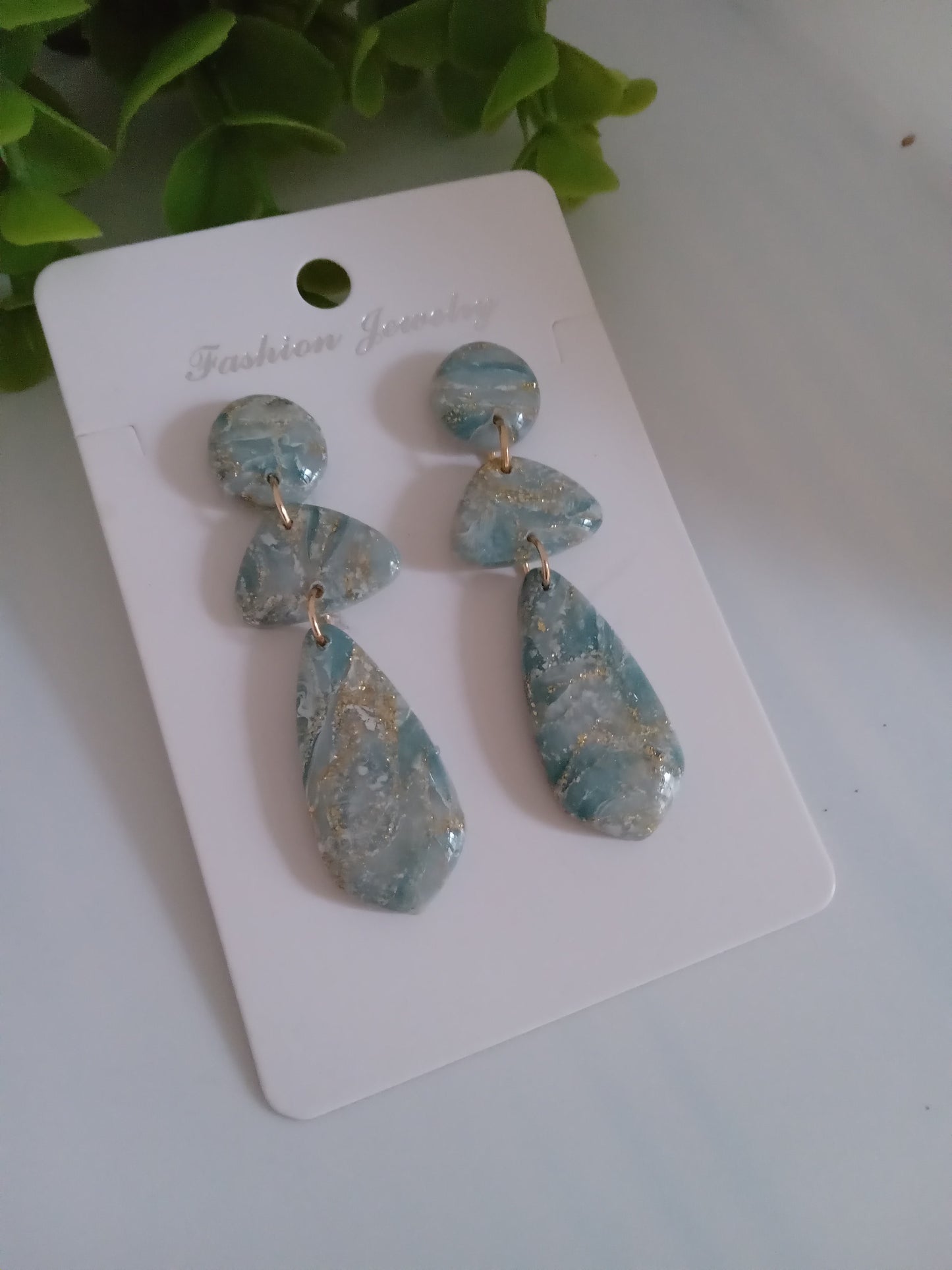 Elegant Blue Marble Drop Earrings with Gold Accents | Lightweight Gift Jewelry