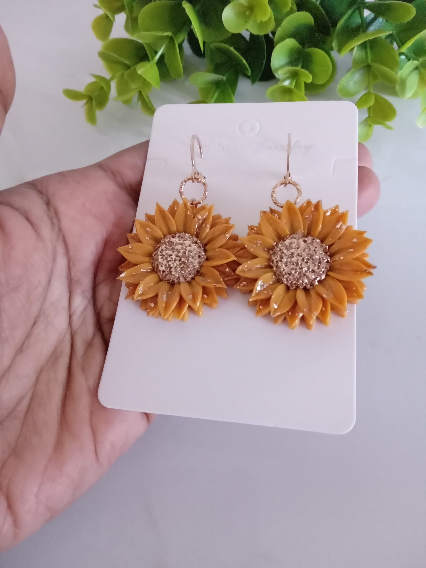 Handmade Sunflower Polymer Clay Earrings – Yellow & Gold Foil Floral Dangle Earrings, Lightweight Statement Jewelry for Women