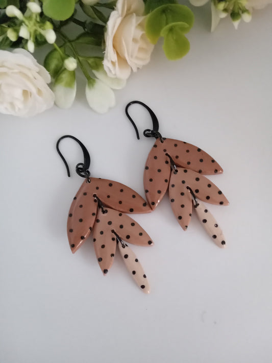 Polka Dot Leaf Dangle Earrings - Handmade Polymer Clay Jewelry