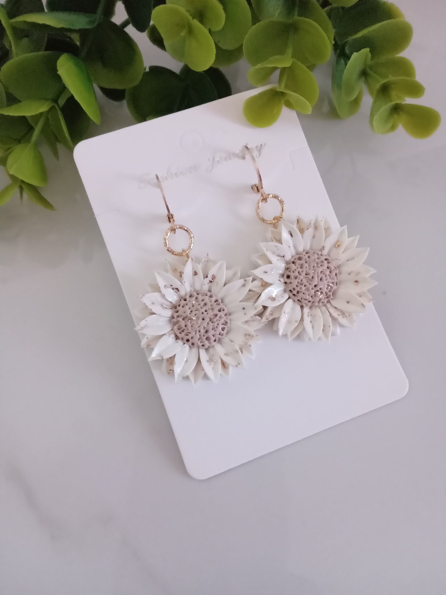 Handmade Sunflower Polymer Clay Earrings – White & Gold Foil Floral Dangle Earrings, Lightweight Statement Jewelry for Women