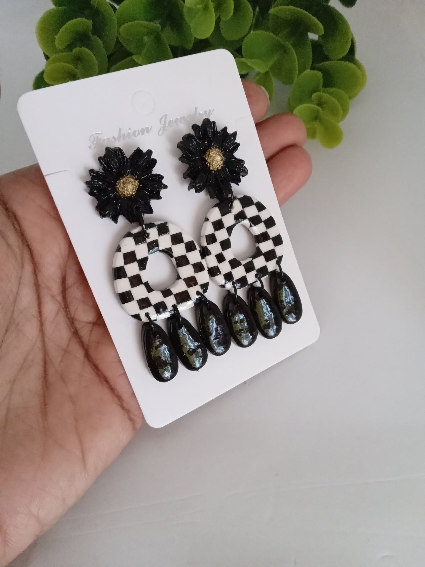 Handmade Polymer Clay Checkerboard Dangle Earrings  - Trendy Boho Jewelry