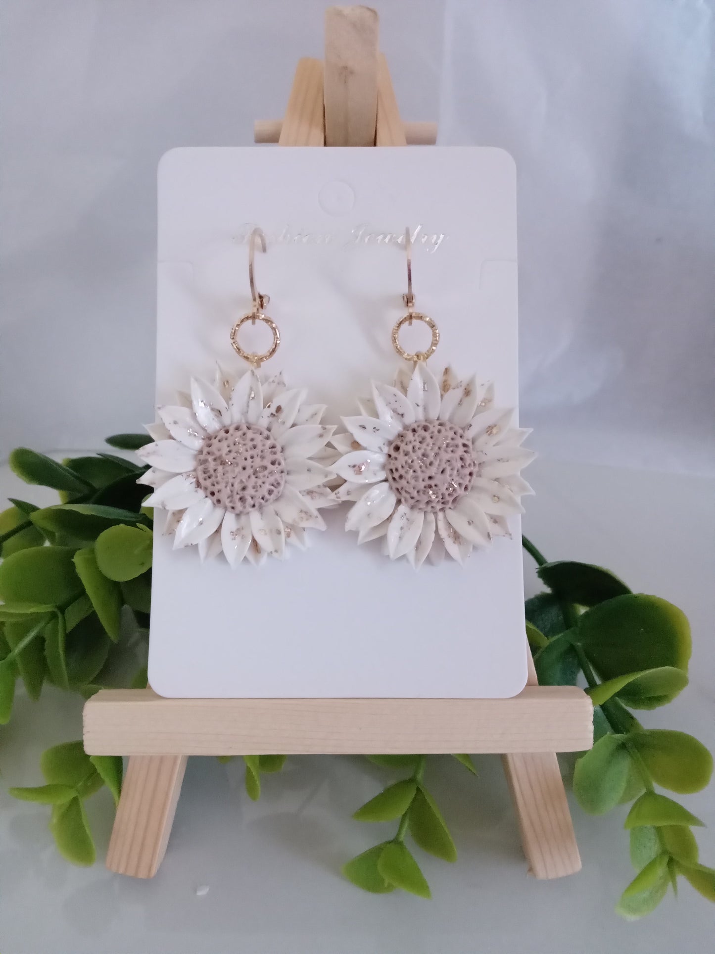 Handmade Sunflower Polymer Clay Earrings – White & Gold Foil Floral Dangle Earrings, Lightweight Statement Jewelry for Women