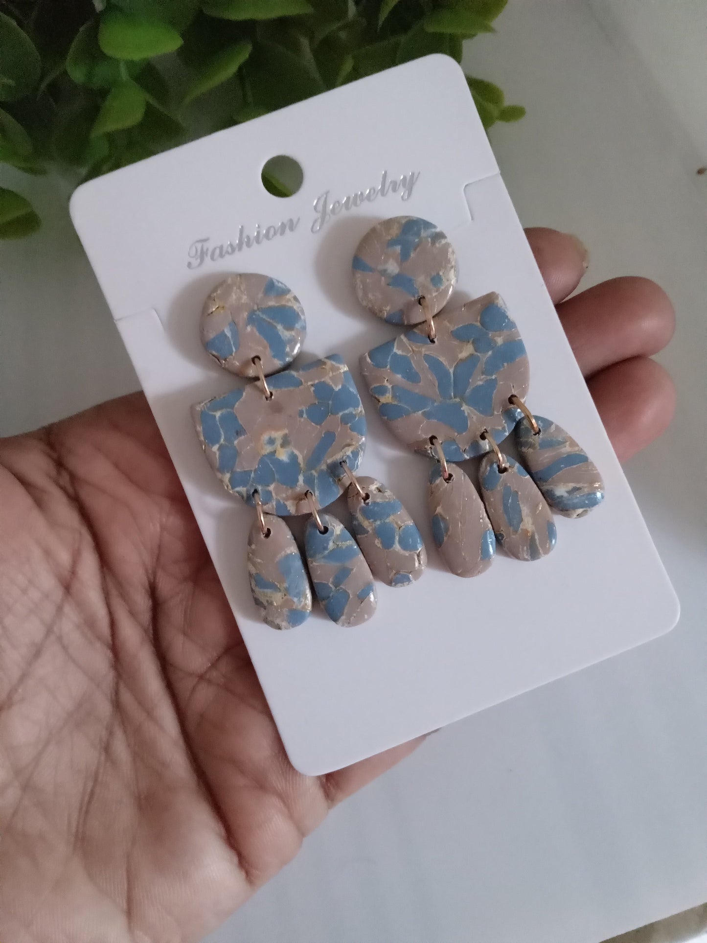 Handmade Terrazzo Polymer Clay Earrings – Blue & Beige Statement Dangles | Lightweight Boho Earrings for Women | Unique Artisan Jewelry Gift