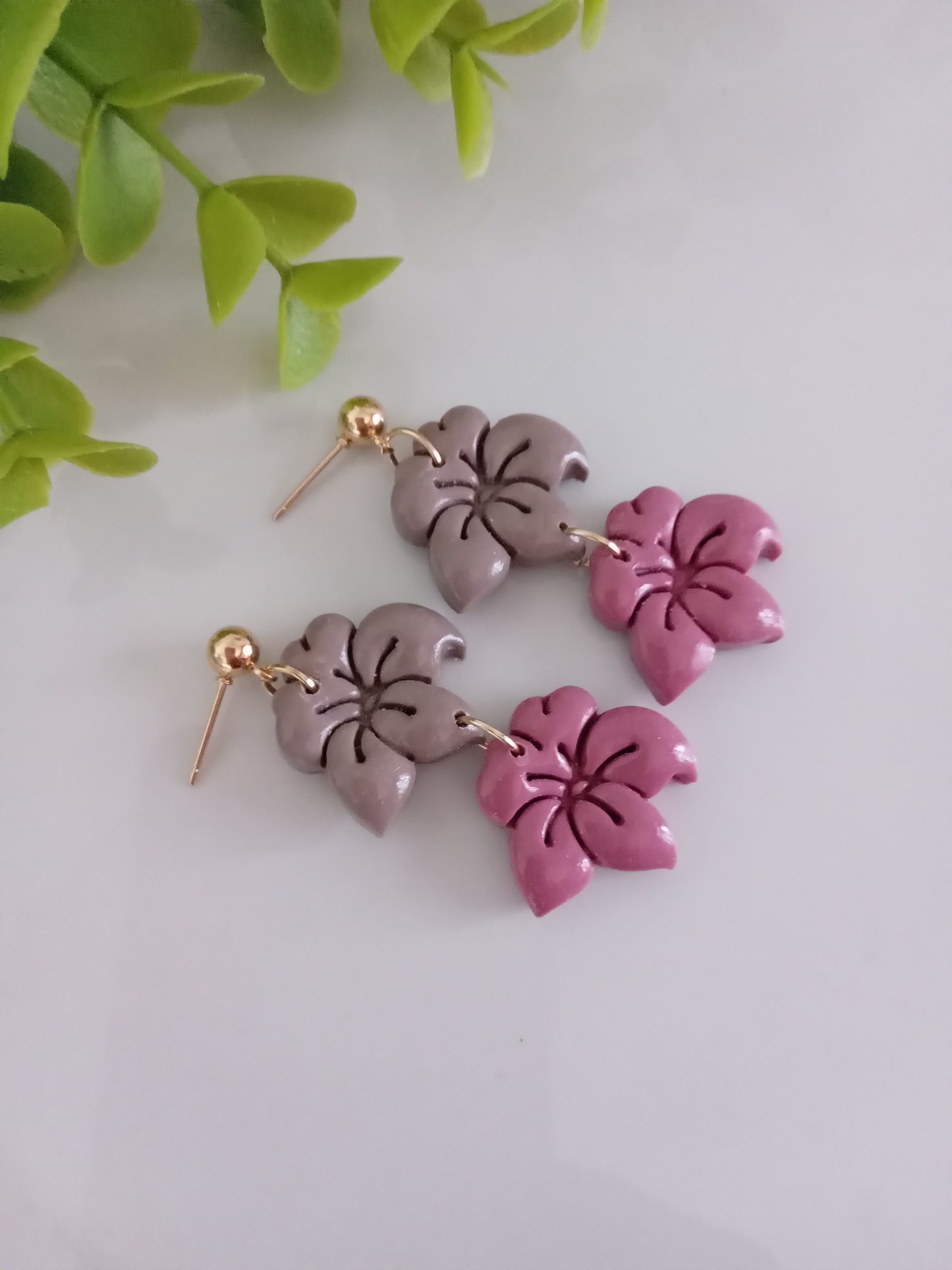 Handmade Floral Dangle Earrings – Unique Polymer Clay Flower Earrings, Brown & Purple, Lightweight Statement Jewelry