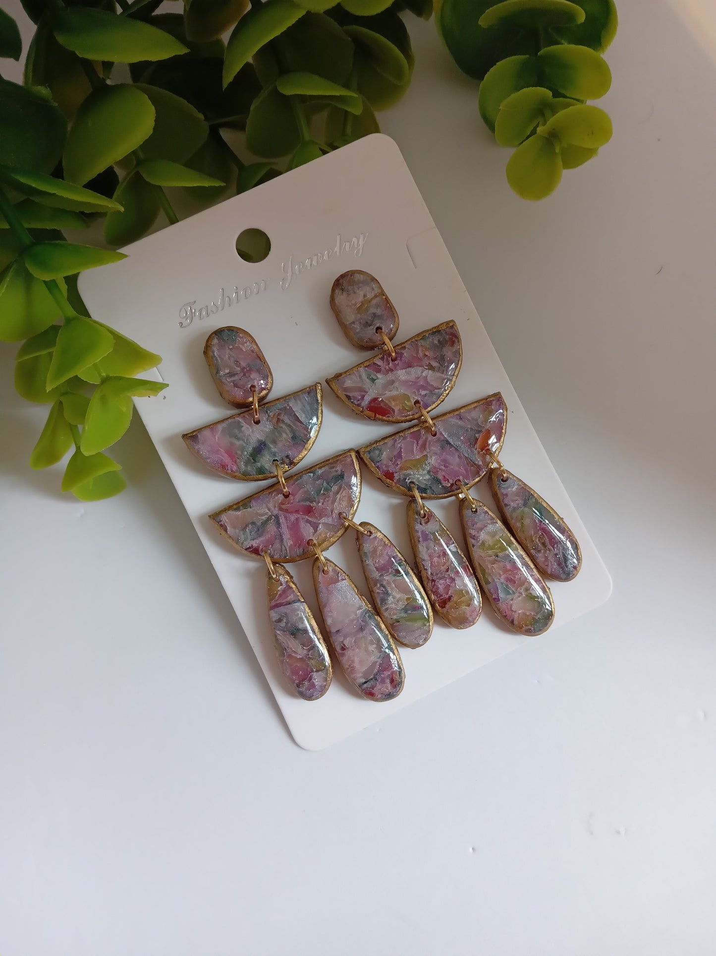 Handmade Statement Dangle Earrings – Colorful Marble Floral Resin, Lightweight Drop Earrings with Gold Trim