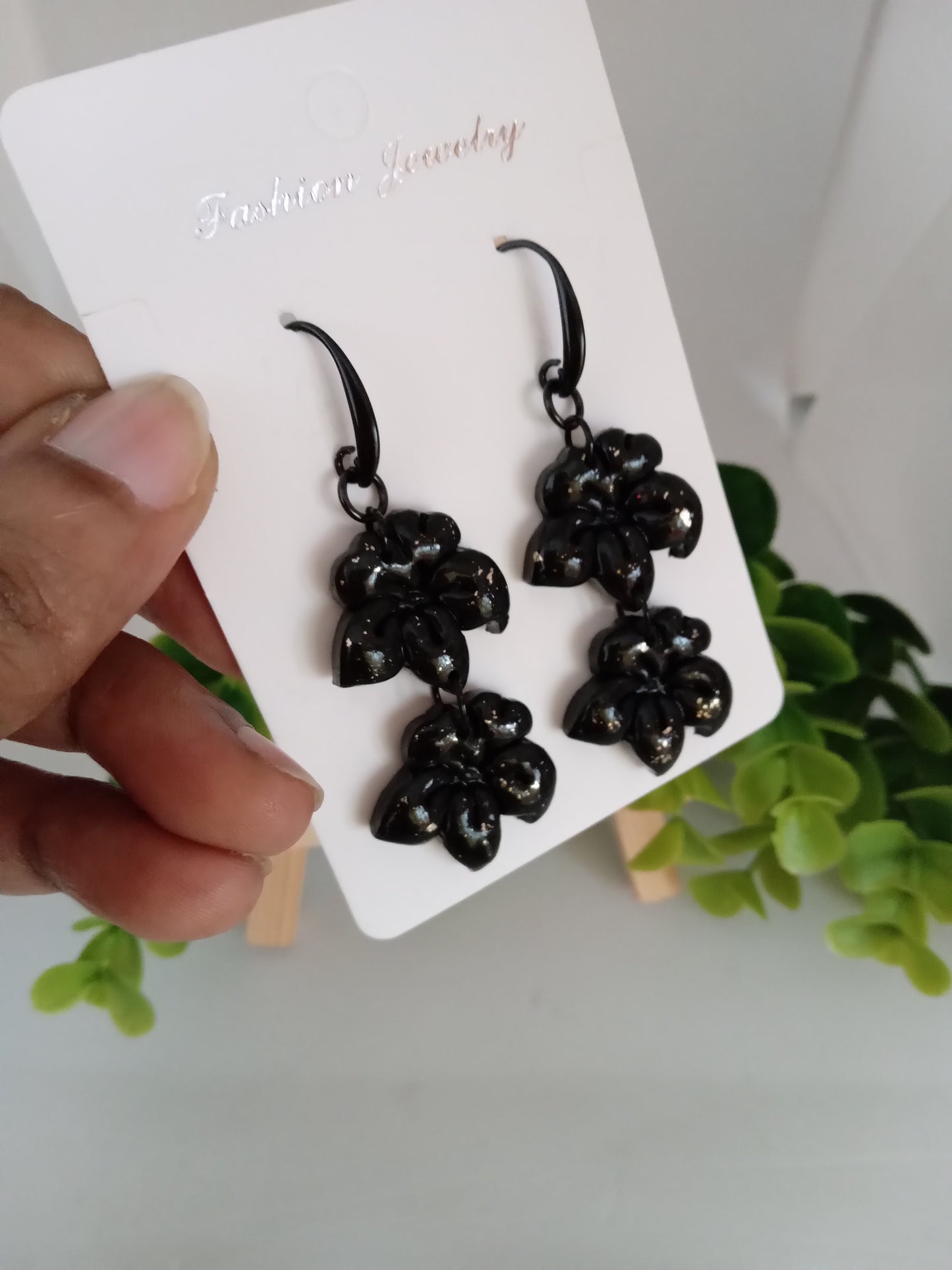 Black Handmade Floral Dangle Earrings – Unique Polymer Clay Flower Earrings Black Friday sale