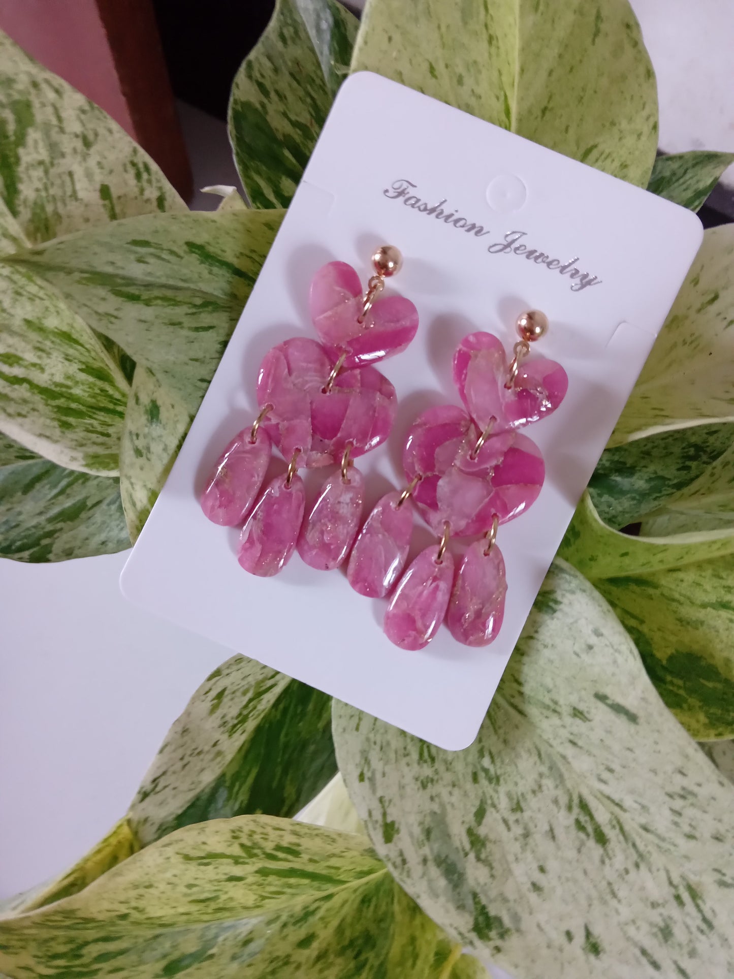 Pink Marble Heart Dangle Earrings  - Lightweight Clay Statement Jewelry