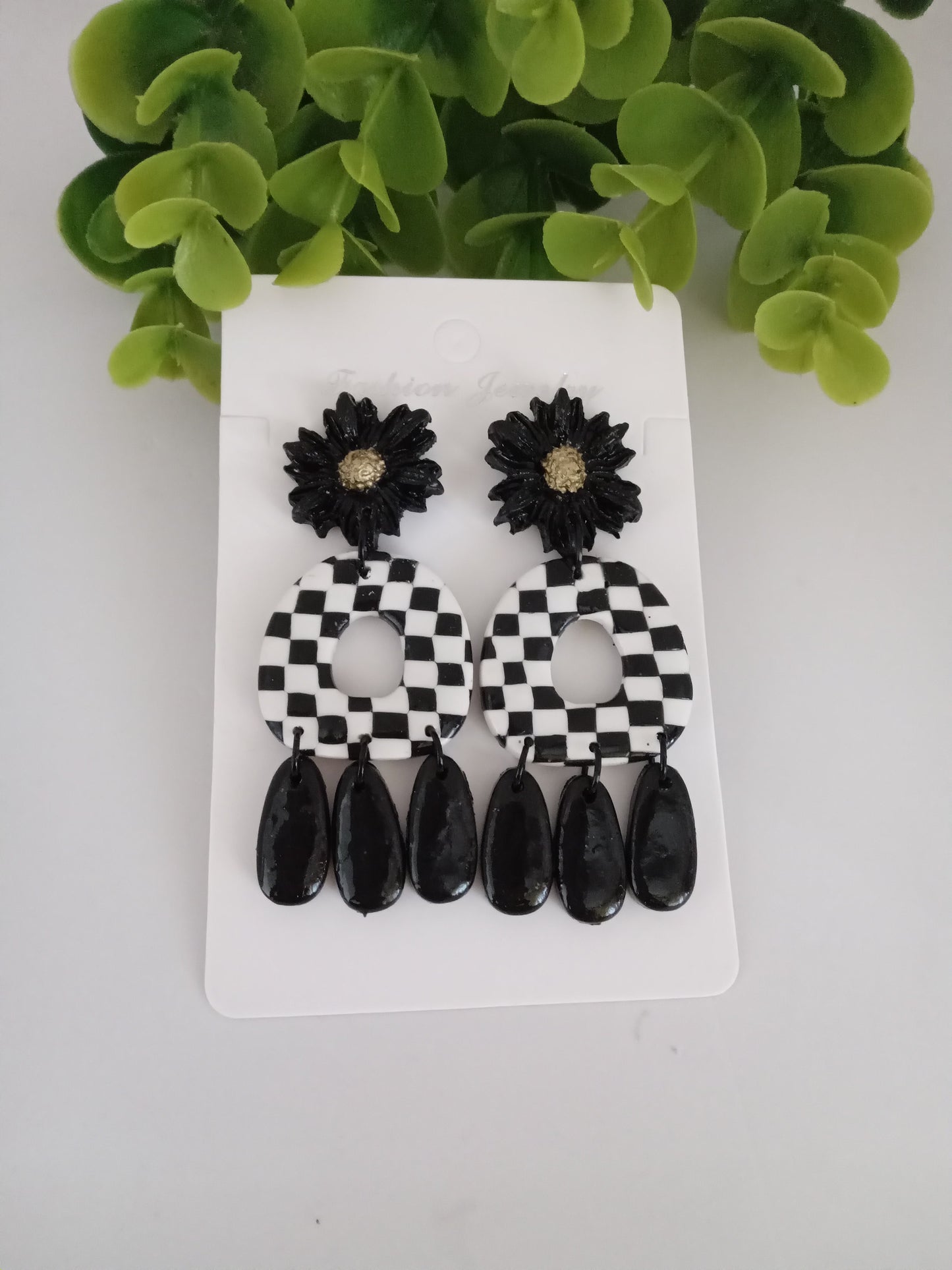 Handmade Polymer Clay Checkerboard Dangle Earrings  - Trendy Boho Jewelry