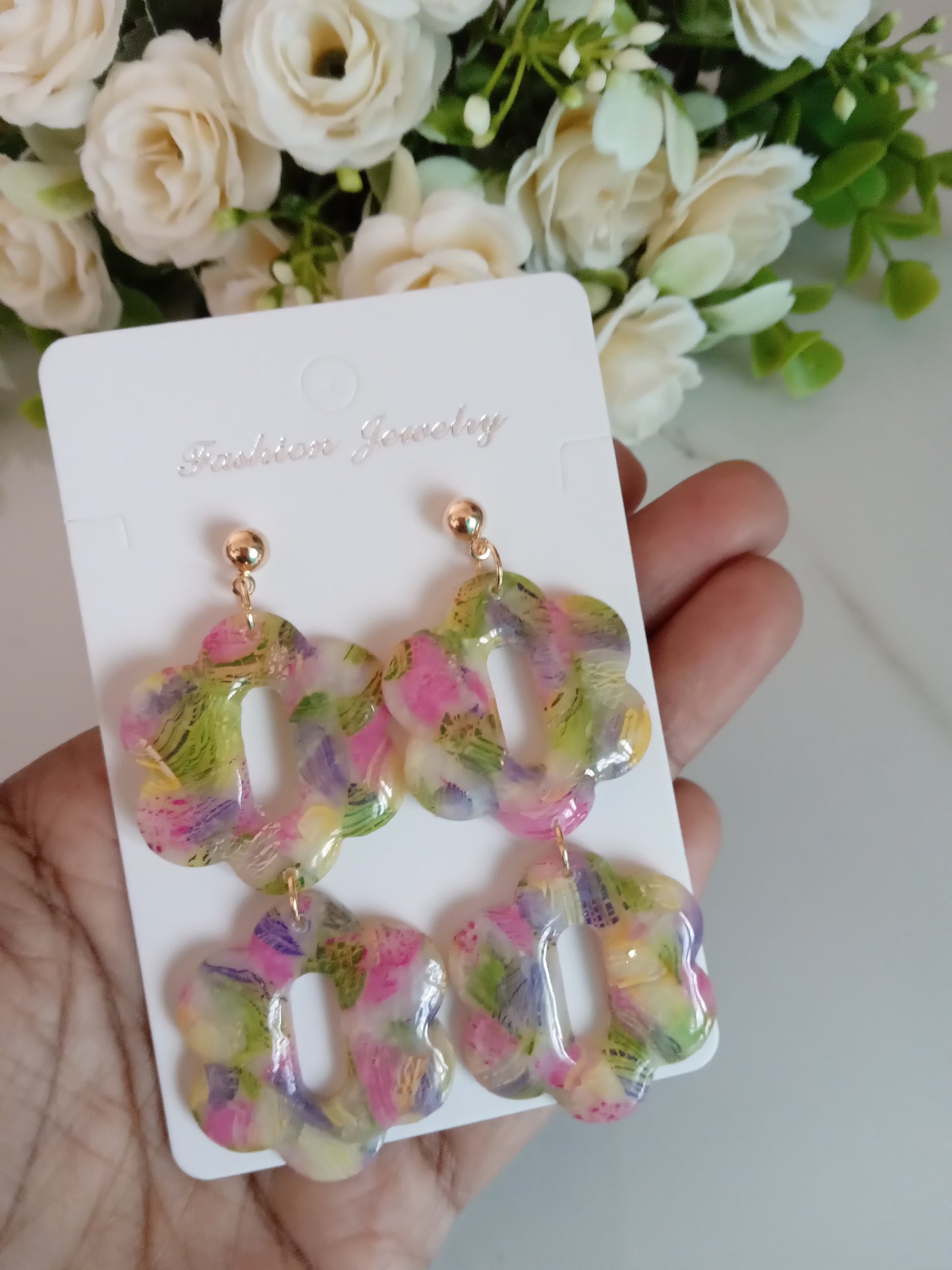 Handmade Clay Earrings- Agate Floral and Modern Geometric Style