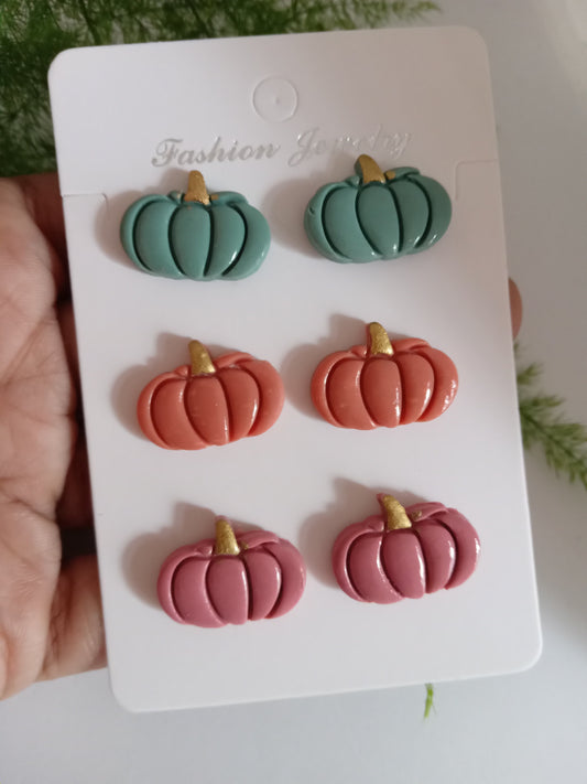 Pumpkin Stud Earrings – Handmade Polymer Clay Fall Jewelry Set (3 Pairs)