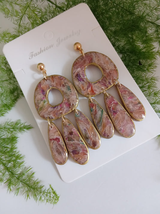 Polymer Clay Statement Earrings - Handmade Boho Drop Jewelry with Gold Accents