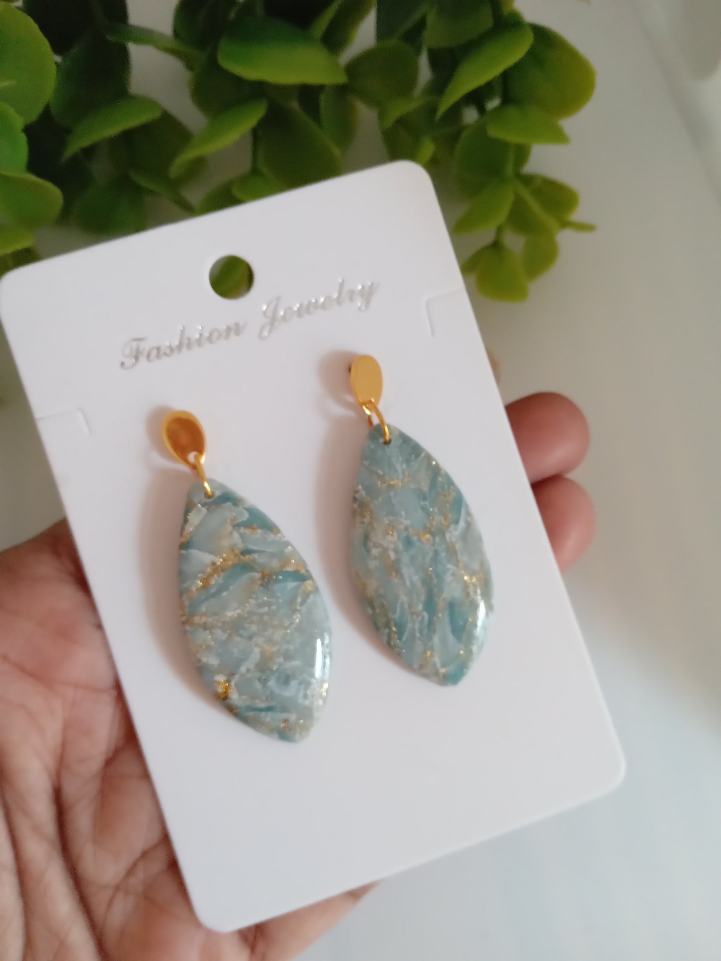 Elegant Blue Marble Drop Earrings with Gold Accents | Lightweight Gift Jewelry