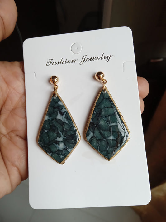 Handmade Dark Green Stone Diamond Drops Earrings - Lightweight Statement Earrings