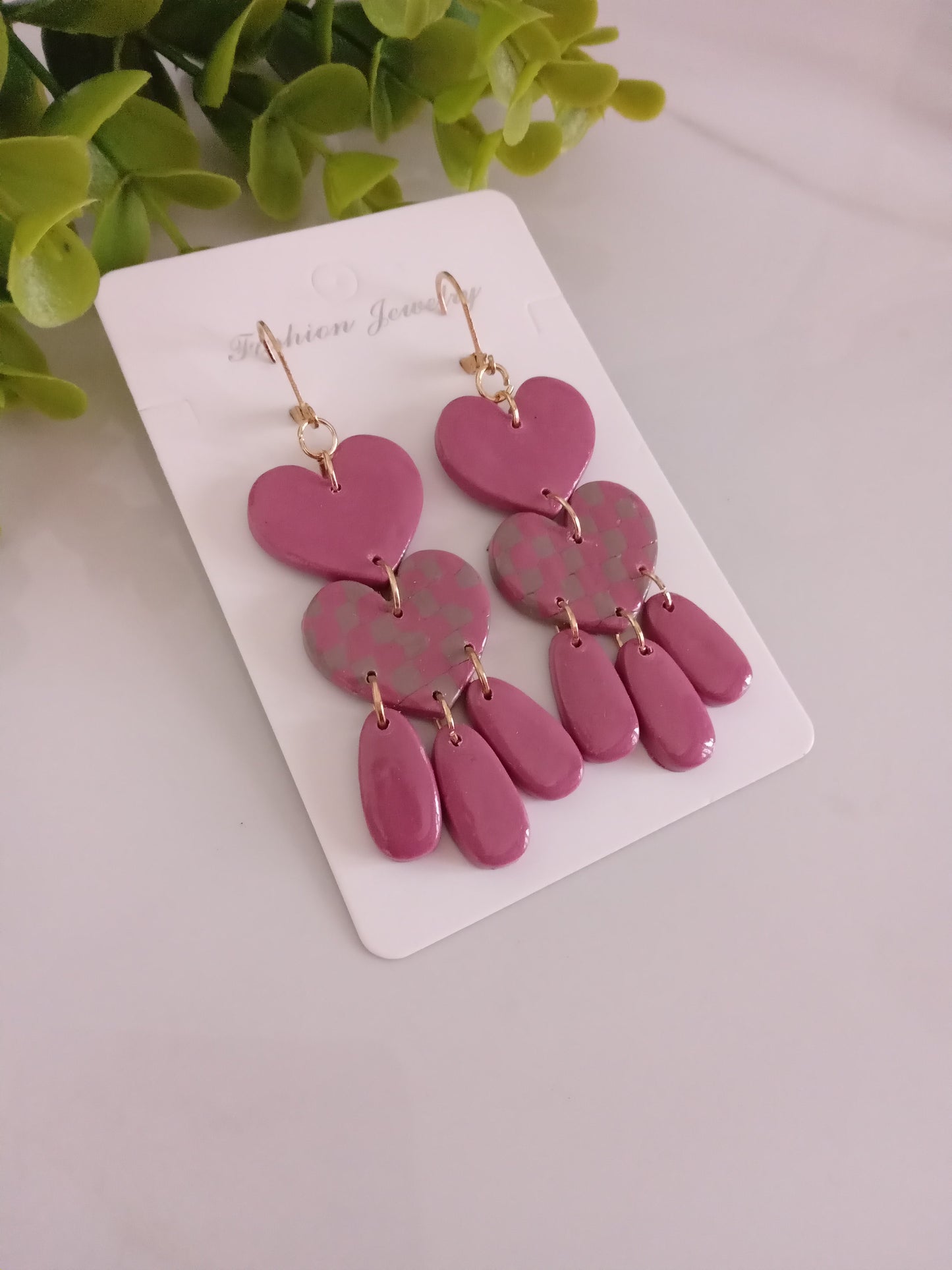Velantines Polymer Clay Earrings Handmade -Pink Heart Statement Dangles For Her