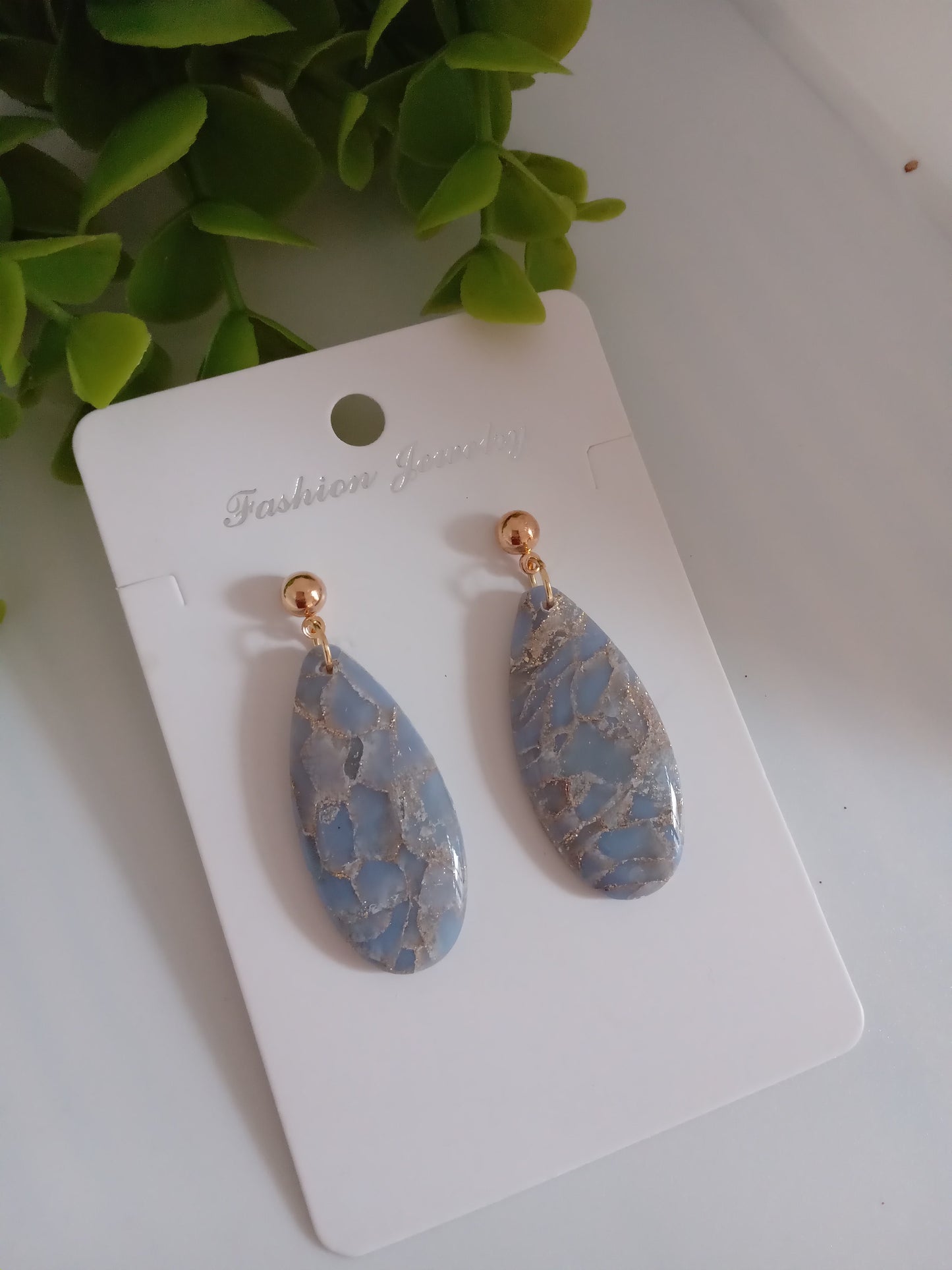 Blue Cracked Marble Teardrop Earrings – Elegant Lightweight Dangle Earrings for Women | Handmade | Hypoallergenic | Gift Ready